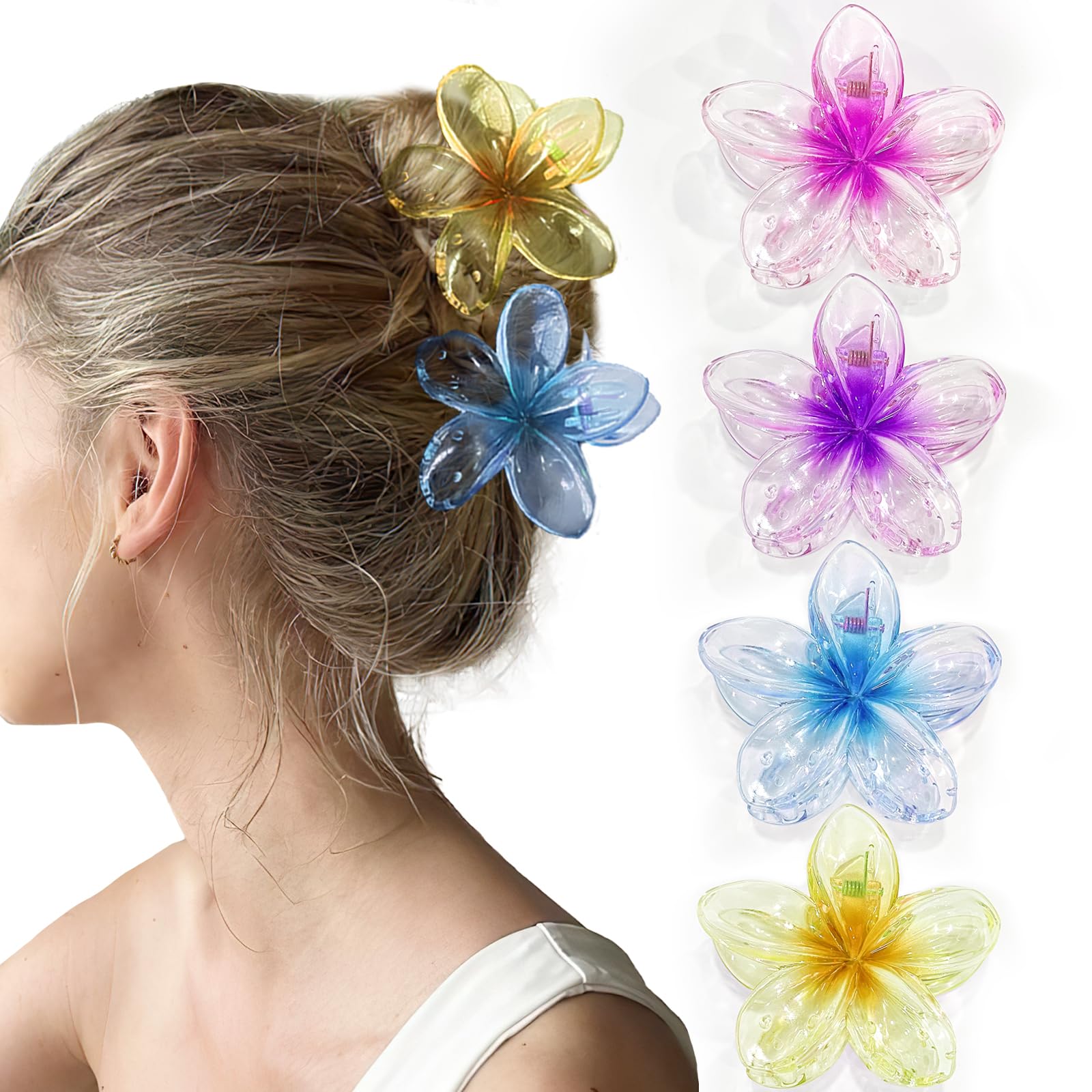 Flower Hair Claw Clips-4PCS Cute Hair Clips for Women/Girls,Large Claw Clips for Thick/Thin Hair,Clear Flower Claw Clips for Hair,Big Hawaiian Flower Hair Clips Birthday Gifts (B-colorful)