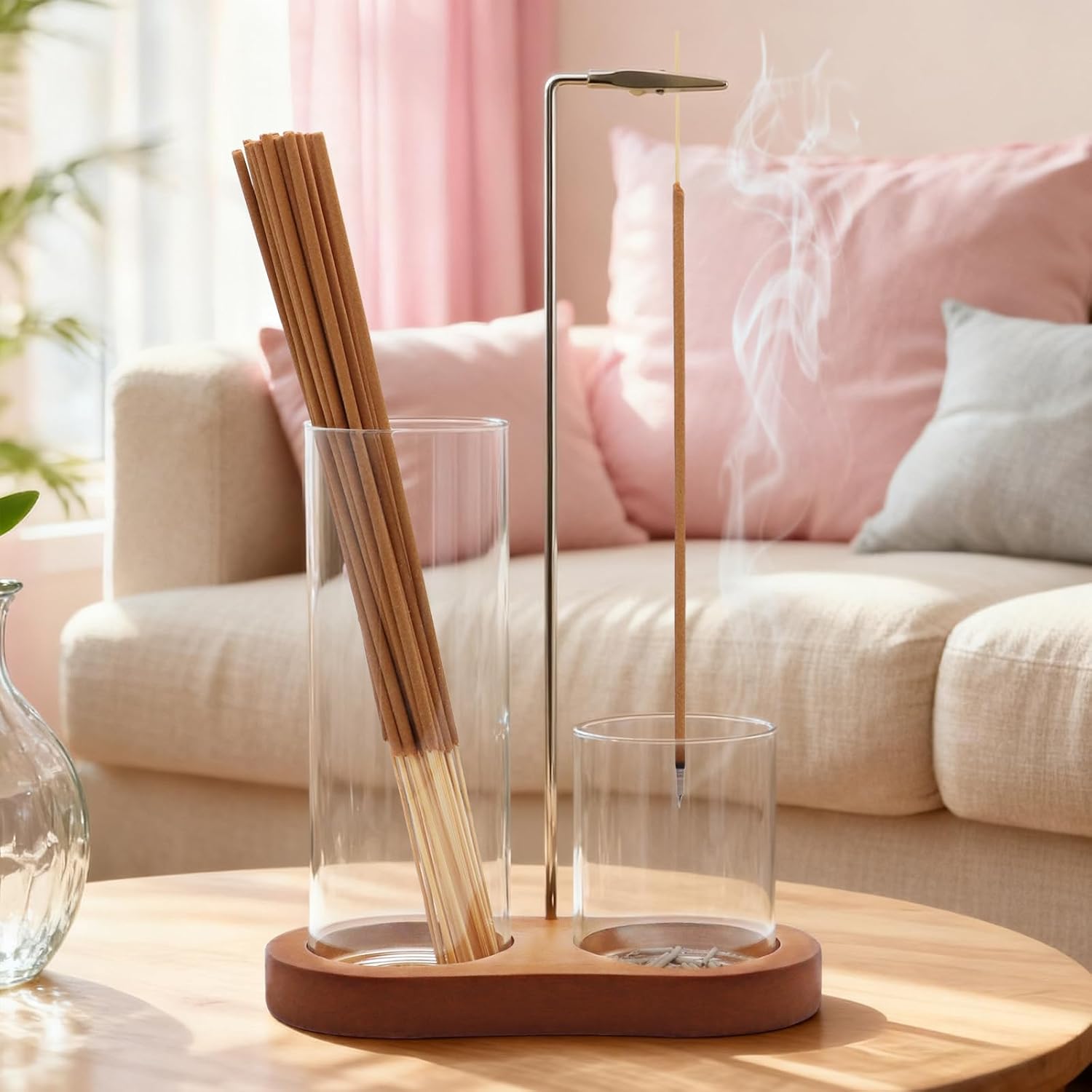 2-in-1 Incense Holder for Sticks, Incense Burner Holder with Glass Ash Catcher & Stick Storage, Bedroom House Yoga Meditation Zen Decor, Spa Gifts for Women, Unique Cozy Home Decor, Natural Wood