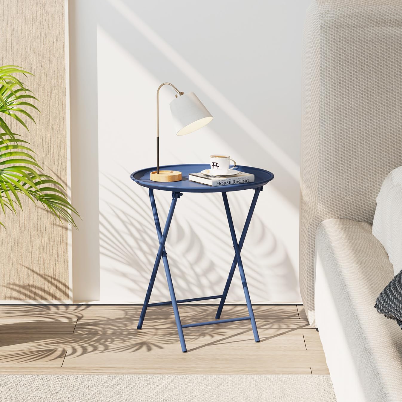 Garden 4 you Folding TV Tray Table, Metal Round Side Table, Blue Dinner Table with Metal Frame, Modern Outdoor Tray Table for Living Room, Bedroom, Patio & Small Spaces, 2 Packs