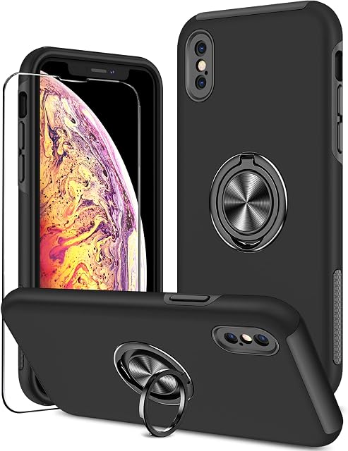 KRAFTCARE Case Compatible for iPhone X and XS with Kickstand Ring and Screen Protector, Shockproof and Anti Scratch Magnetic Built-in Ring Stand Case Compatible for iPhone X/XS - Black