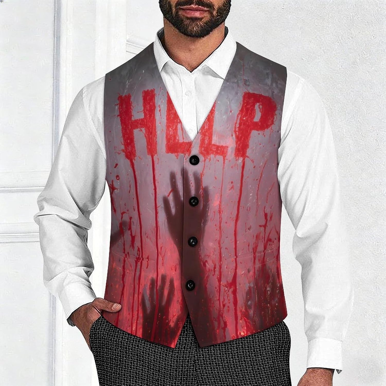 Horror Help Halloween Men's Formal Suit Vest Slim Waistcoat for Business Tuxedo Dress