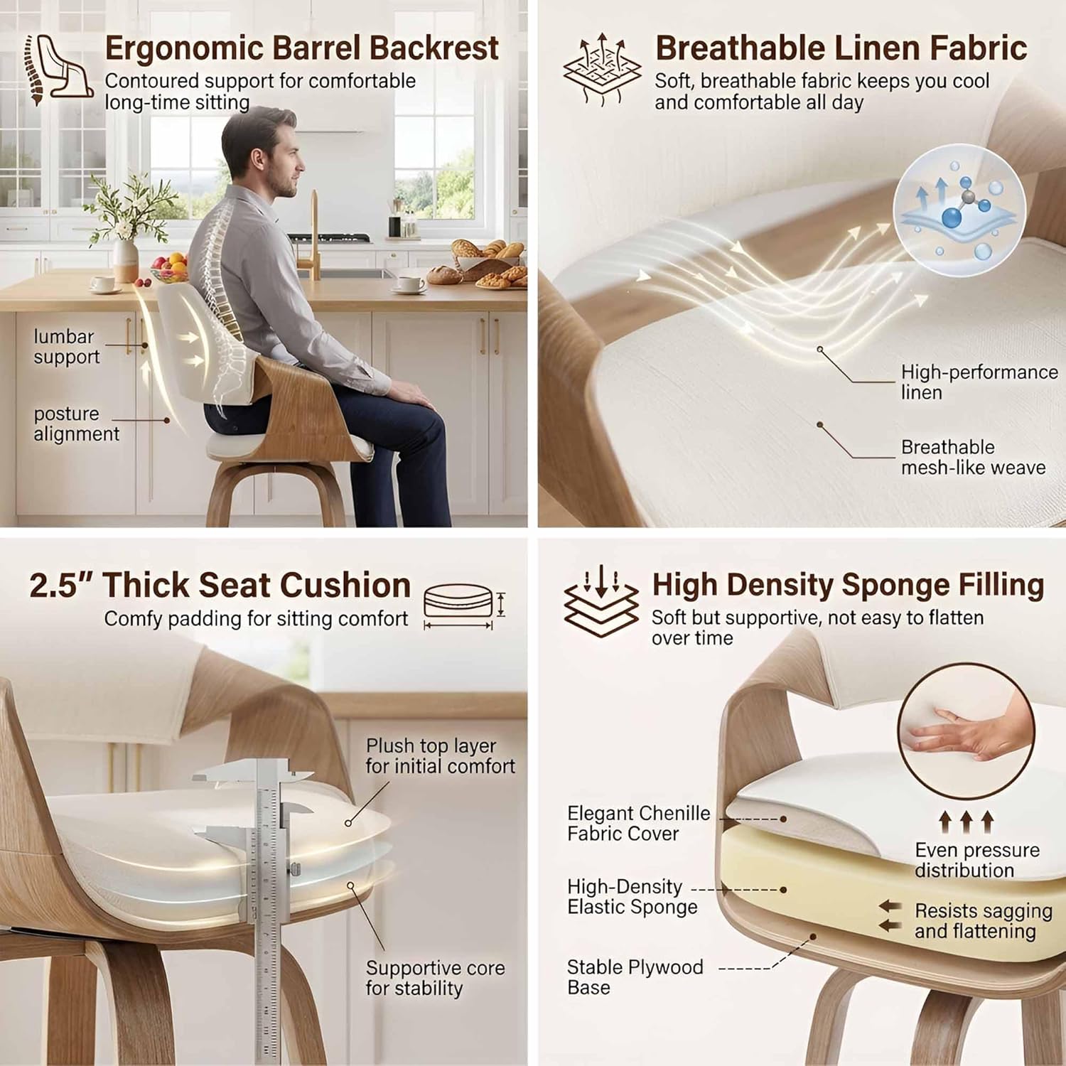26 Inch Modern Barrel Swivel Counter Stools Counter Height Swivel Bar Stools with Backs Set of 2, Beige Linen Upholstered Bar Height Island Chairs, Farmhouse Solid Wood Barstools for Kitchen Island