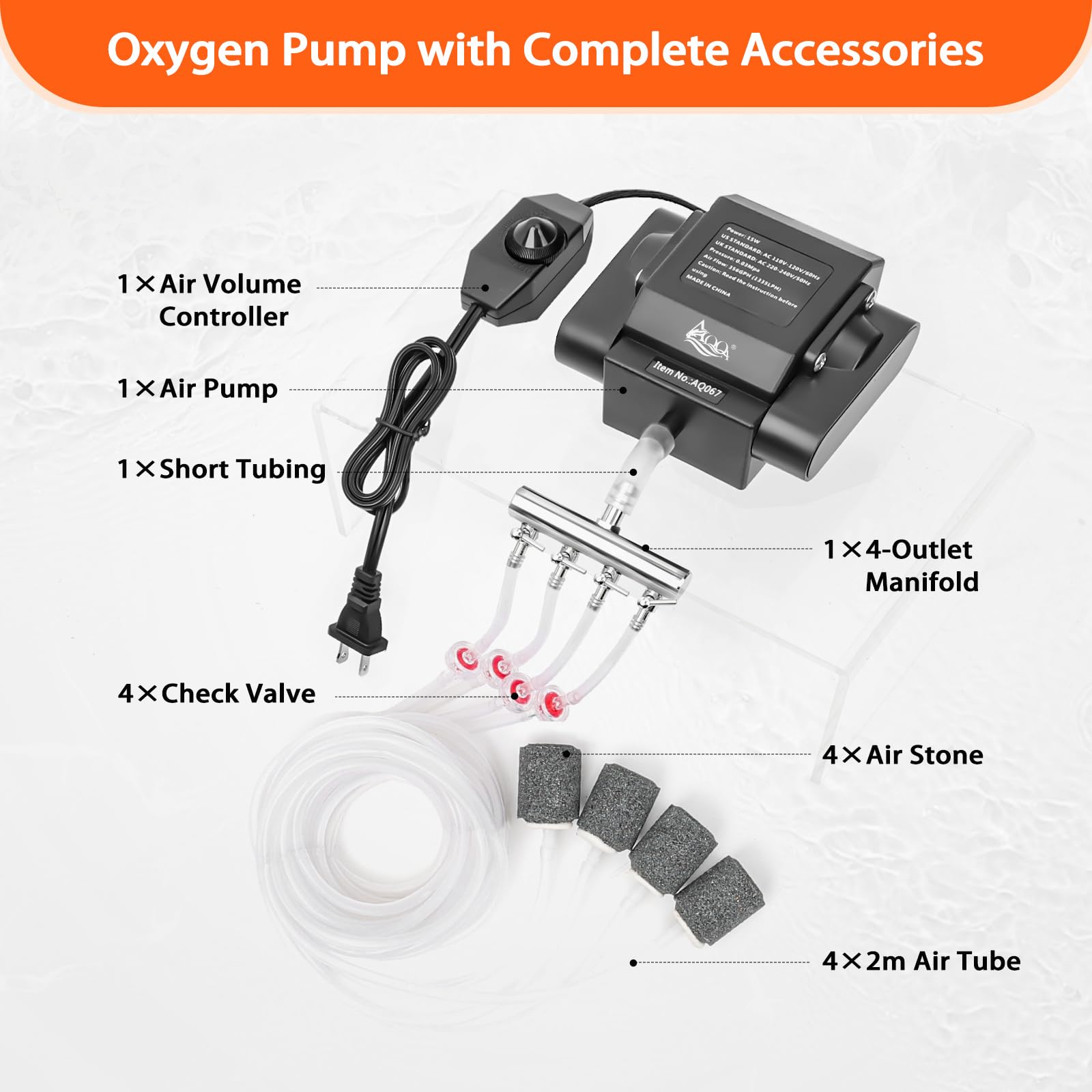 AQQA Pompe à air pour aquarium, 4 sorties puissantes pour bassin extérieur, pompe à oxygène réglable, avec accessoires