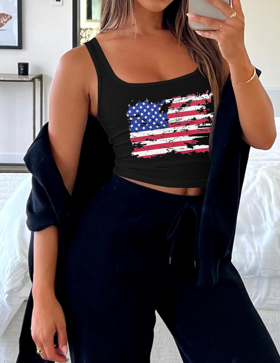 USA クロップトップ 女性用 アメリカ国旗 タンクトップ 愛国心が強い7月4日 トップス メモリアルデークロップシャツ