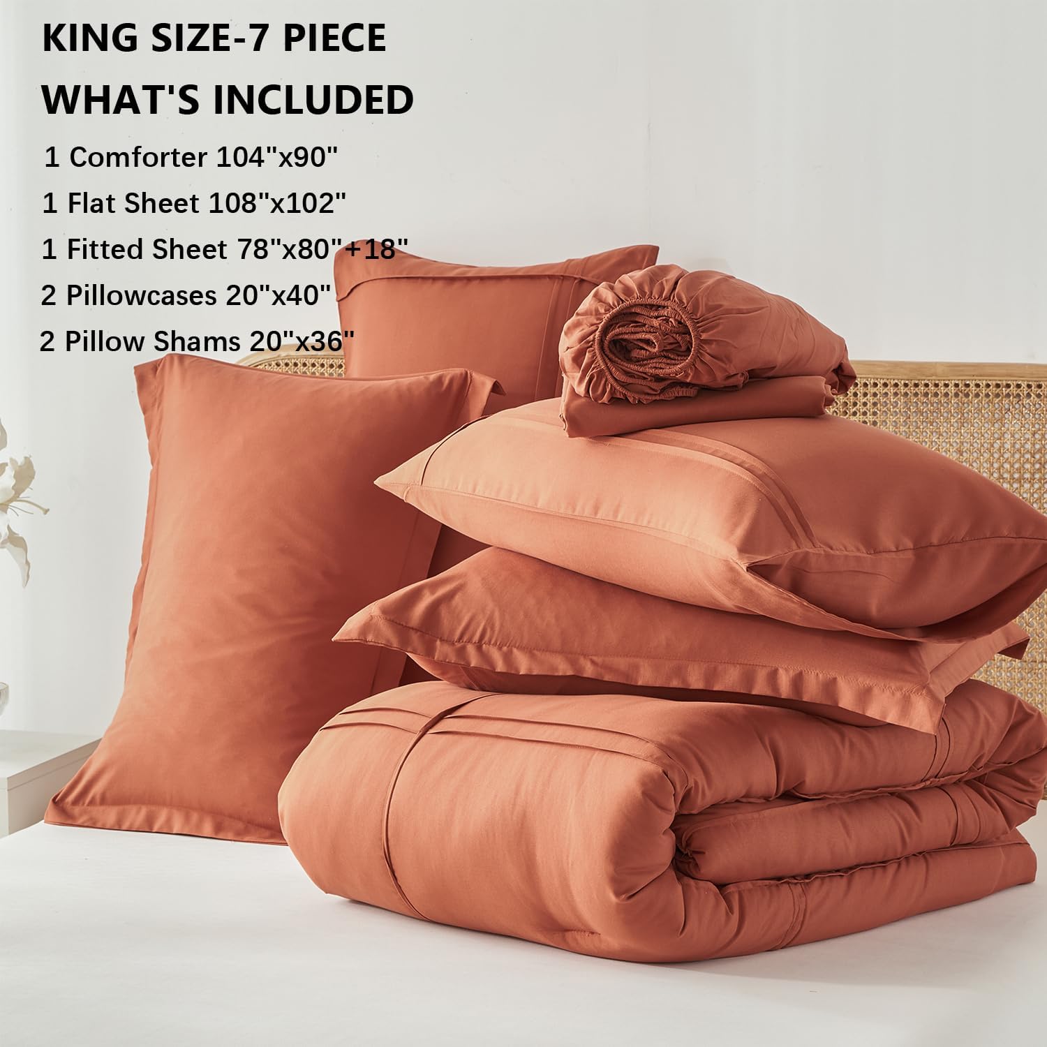 Yogeneg King Size Comforter Set 7 Piece Bed in a Bag,Grid Pinch Pleat Terracotta Bedding Set,Striped Textured Soft Microfiber Comforter with Sheet Set,All Season Complete Bed Set(Terracotta,King) - Image 6