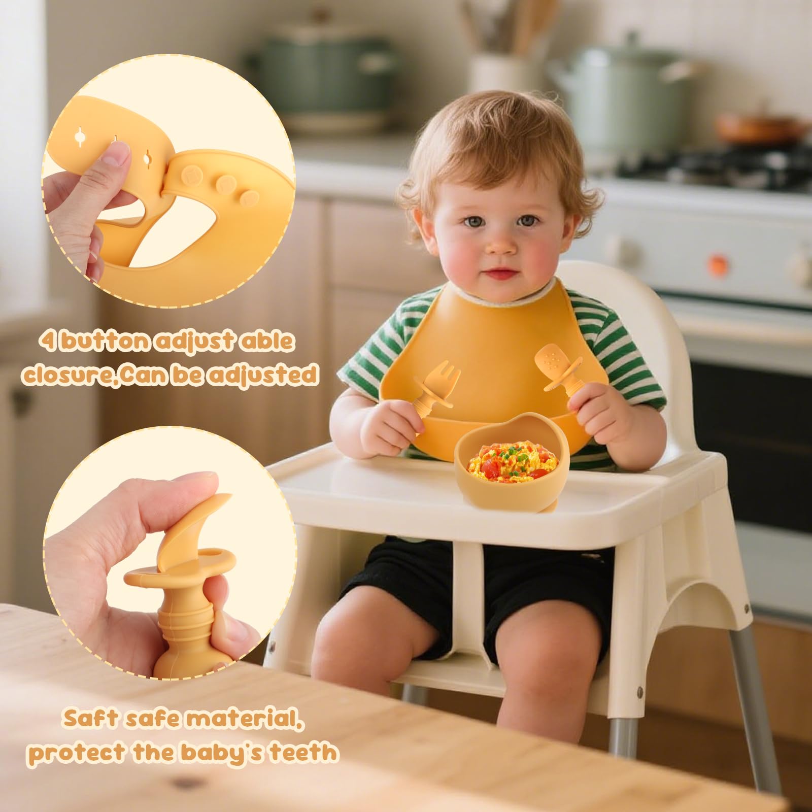 Set Repas Bébé,Silicone Antidérapant avec Ventouse, 8 pièces : Assiette Bebe Ventouse, Assiette pour Enfant avec Ventouse, Gobelet en Silicone, Cuillère, Fourchette, Bavoir, Gobelet, Jaune