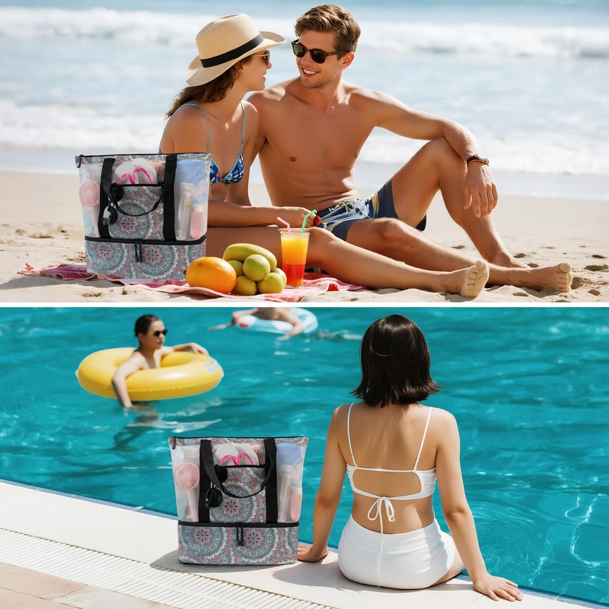 ASL Mesh Beach Bag with Cooler Compartment for Women Pool Tote with Zipper image 5