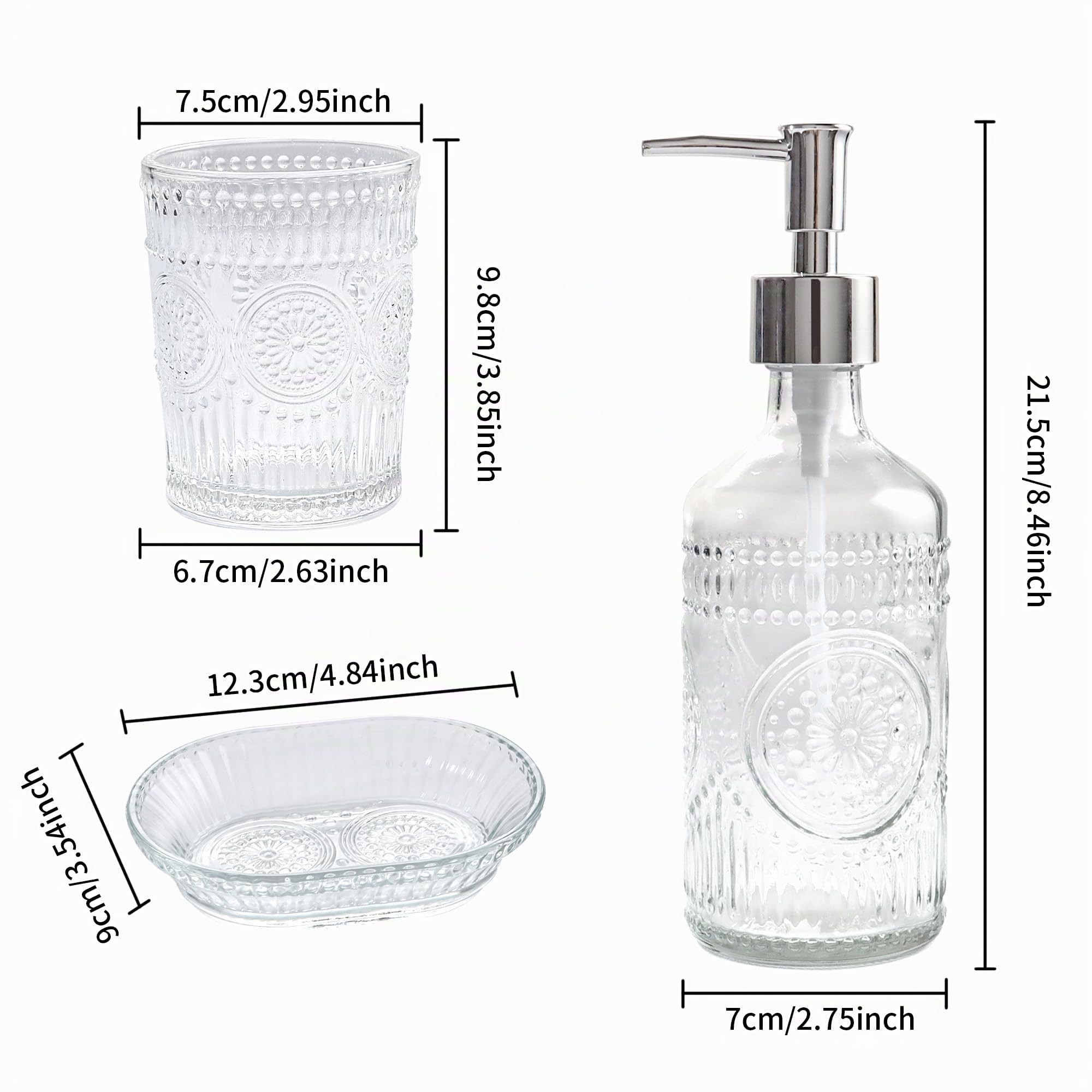 FEILANDUO Set di 3 accessori da bagno in vetro, dispenser per lozione e sapone, portaspazzolino da denti, portasapone, decorazione moderna per bancone del bagno per la casa