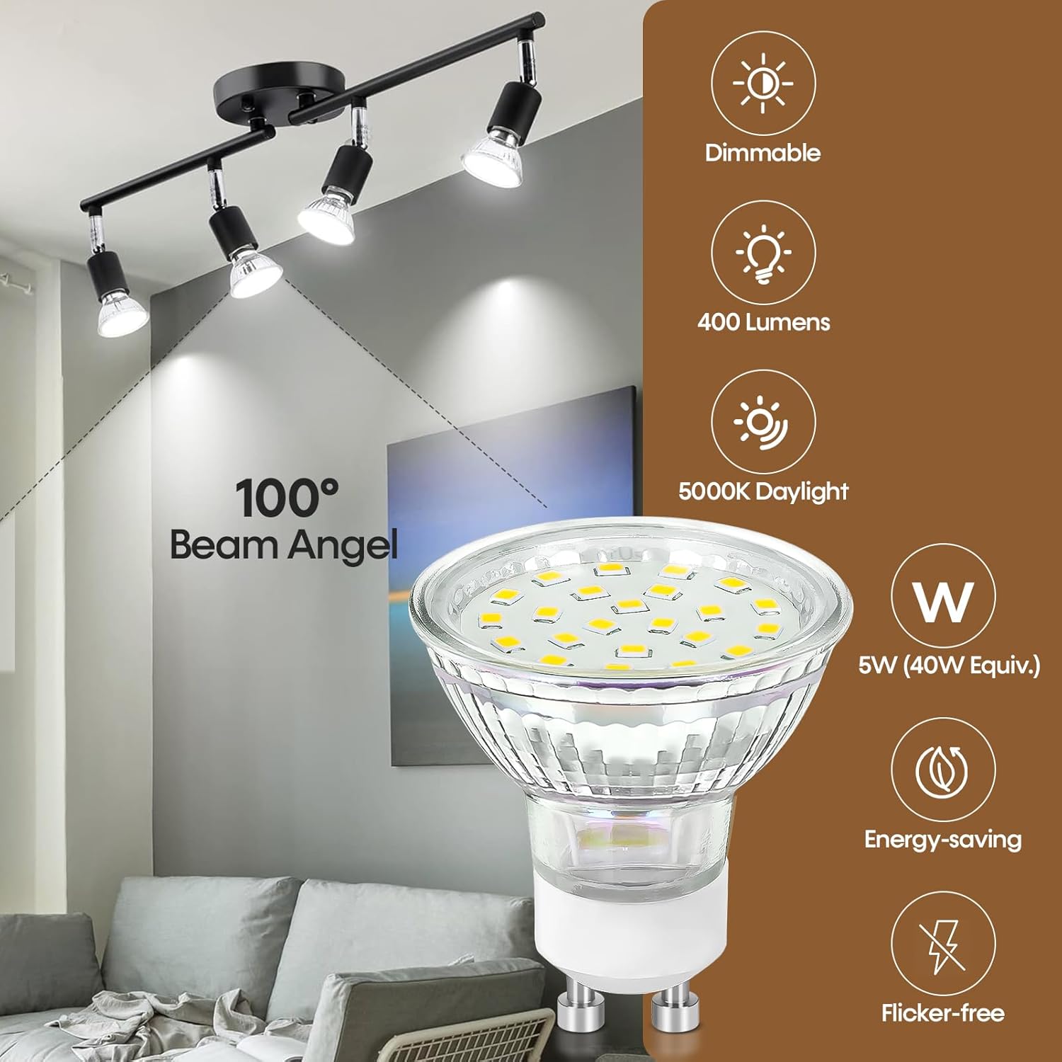 GU10 Dimmable Track Lighting LED Bulbs 40W Equivalent, 5W, 5000K Bright Daylight White, LED Bulb Replacement for Recessed, 400LM, 12 Packs