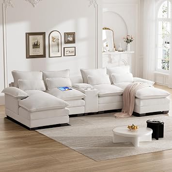 124" U Shaped Cloud Couch Modular Sectional Couches for Living Room Comfy Oversized Chenille Deep Seat Sofa Set with Double Chaise Lounge, Storage Central Console, Cup Holders, USB Ports, Cream White
