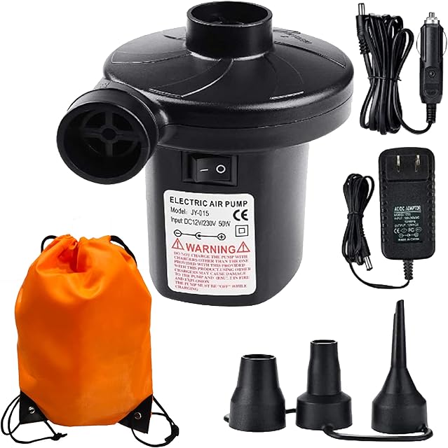 Valiant Electric Air Pump Portable Quick Fill with 3 Nozzles110-240V AC 12V DC Inflator Deflator for Camping Inflatable Cushions Yoga Balls Couch Air Mattress Boats Swimming Ring Pool Floats Rafts