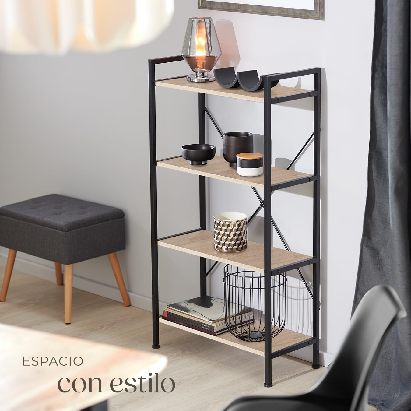 tectake® Estanteria Metalica de Estilo Industrial con Estructura Estable, Sistema Antivuelco, Estantería Madera para Oficina, Mueble Recibidor - Madera Industrial Clara, Roble Sonoma