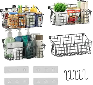 Sonyabecca 4 Pack Hanging Wall Basket for Organizing, Large Wire Basket for Storage Pantry with 5 S Hook+4 Adhesive Hook, Wall Mounted Shelf for Kitchen Bathroom