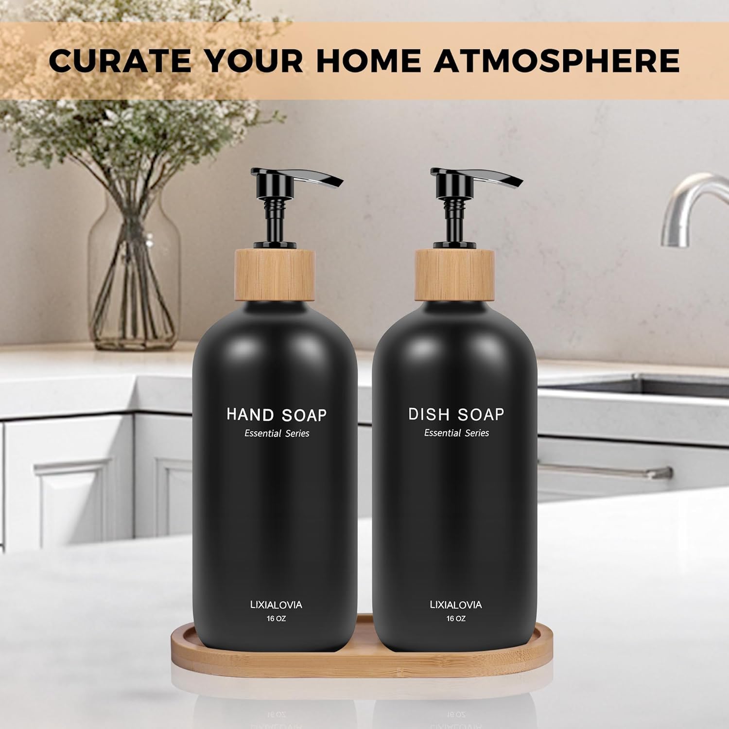 Dish and Hand Soap Dispenser Set with Tray, 16OZ Refillable Glass Bottles and Wood Pump, Double Bottle Countertop Organizer for Kitchen and Bathroom (Black)