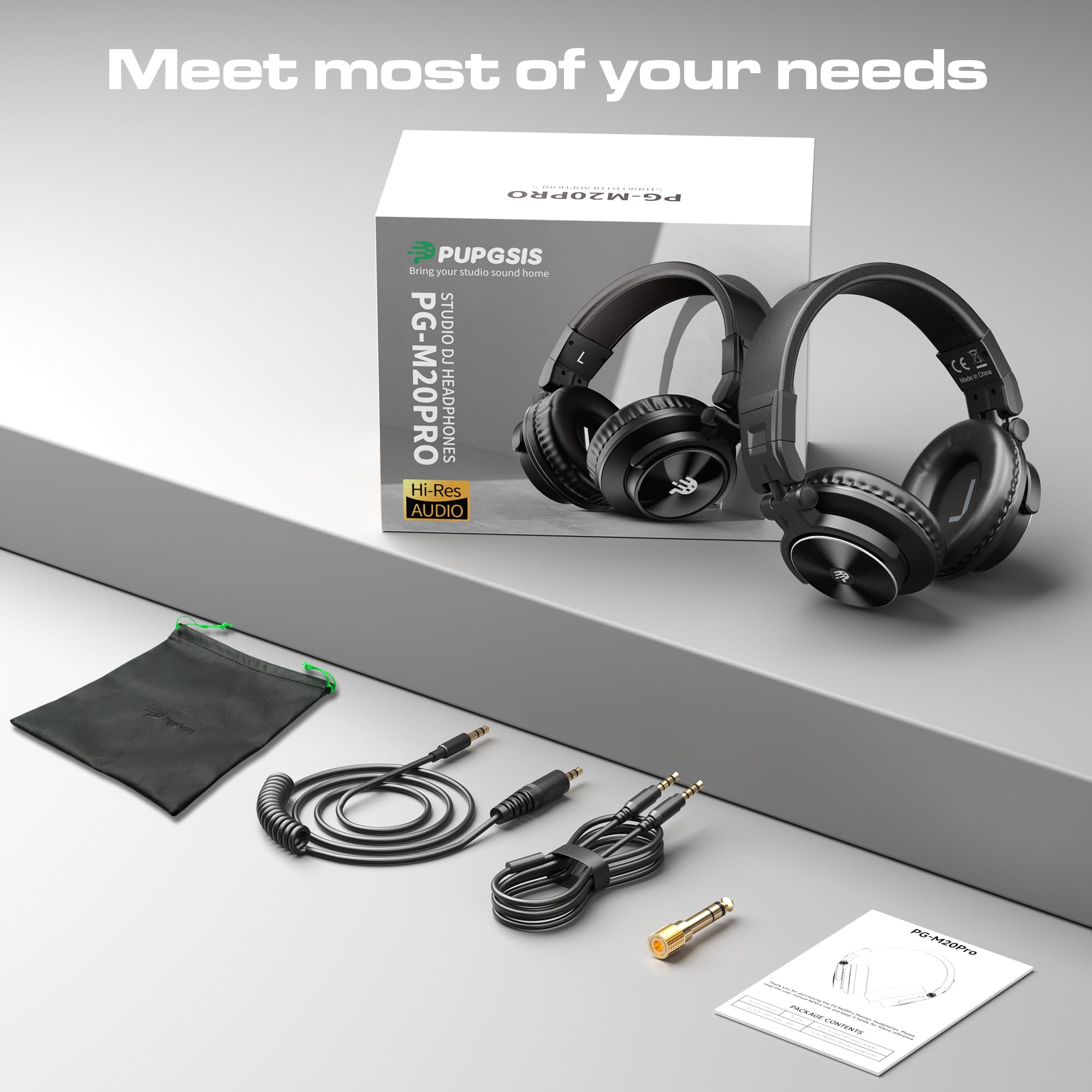 PUPGSIS - Auriculares con cable para monitor de estudio, controladores profesionales de 50 mm, auriculares estéreo DJ de 40 kHz, conector de audio de 1/4 a 3,5 mm para grabación/mezcla/podcast
