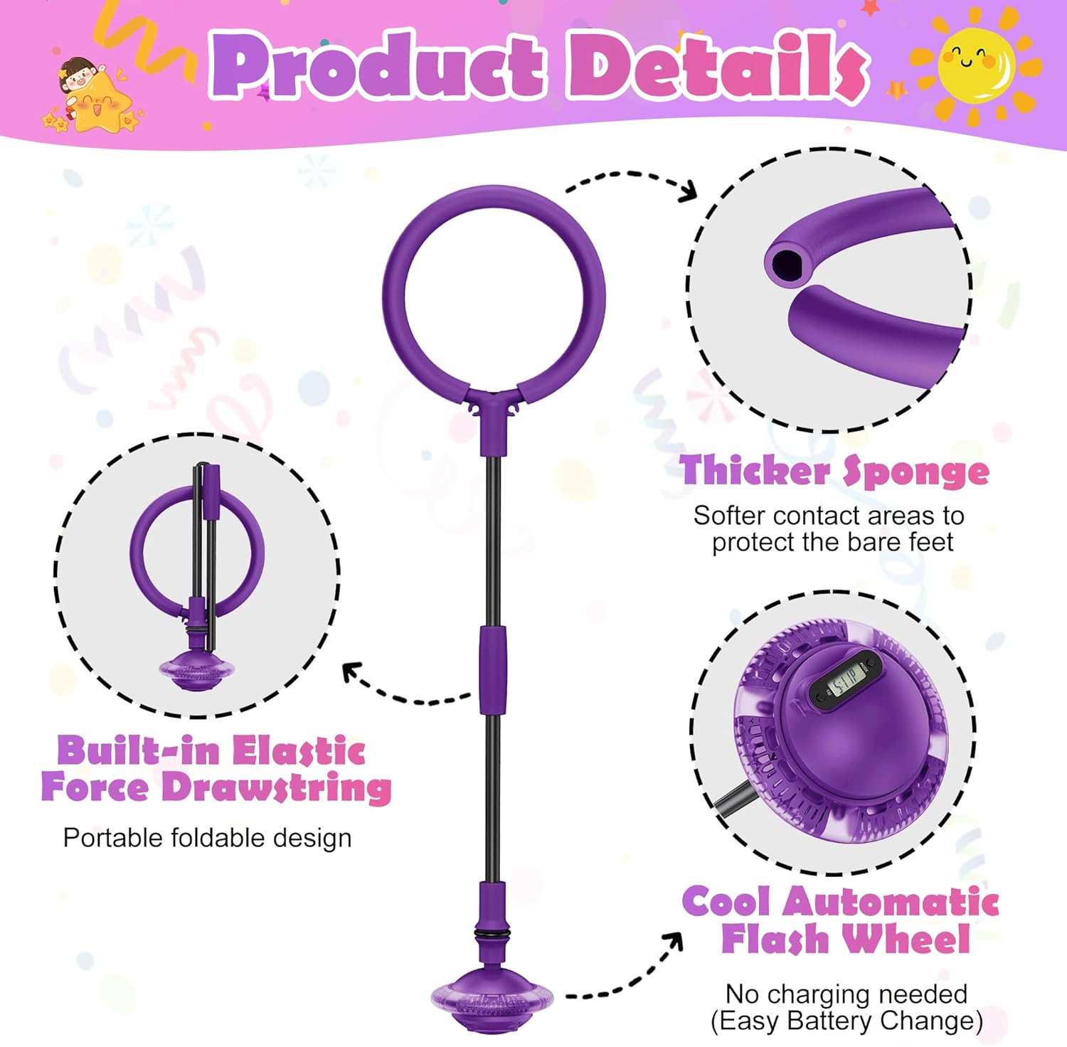 Skip Ball for Kids - Ankle Jump Rope Ball with LED Display, Counter, Time/Distance/Calorie Tracker, Colorful Flash Wheel Fitness Hopper Toy for Active Play Purple