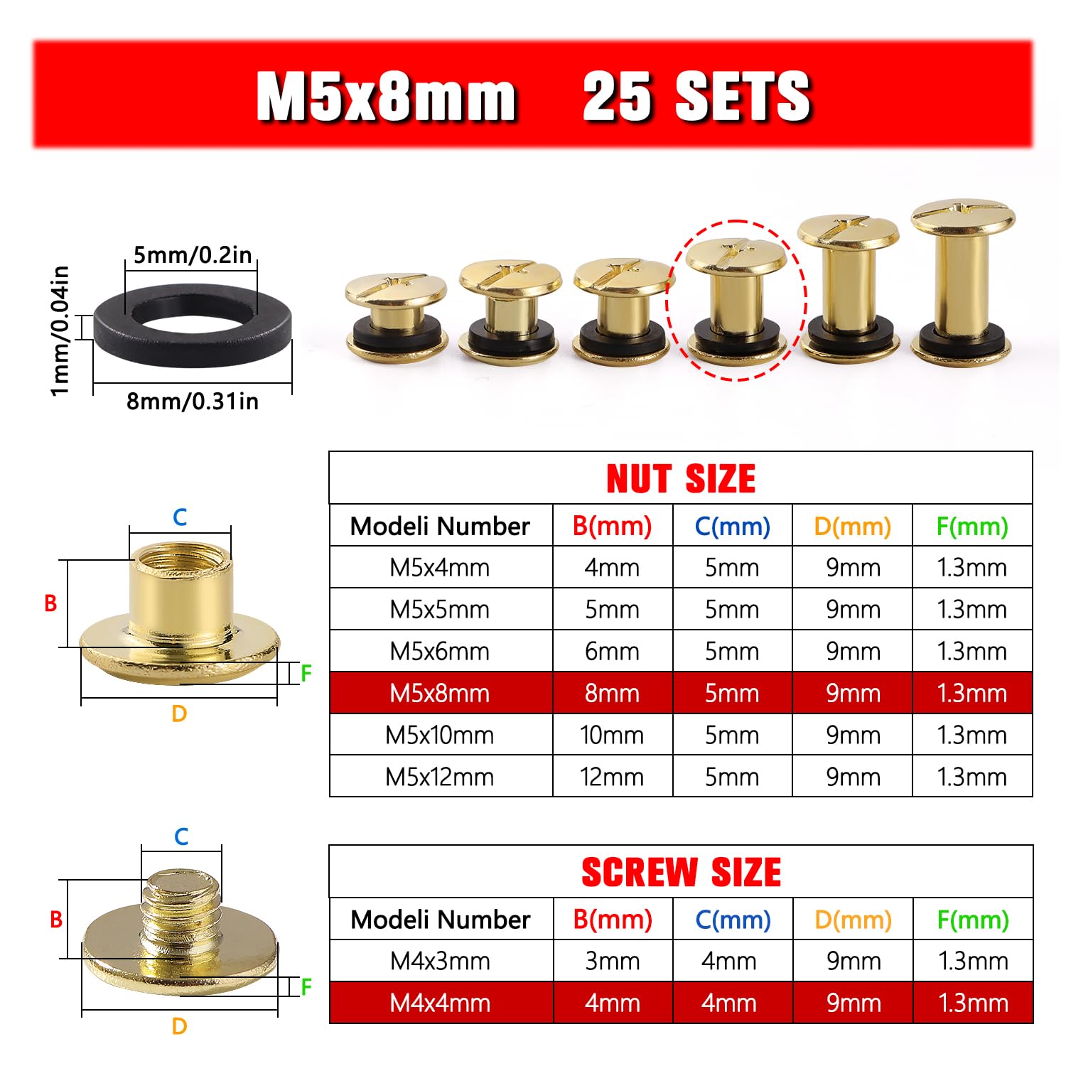 YIXISI 25 Set M5x8mm Chicago Binding Screws Kit, Book Binding Rivets, Leather Rivets, Binding Screws Posts - Image 2