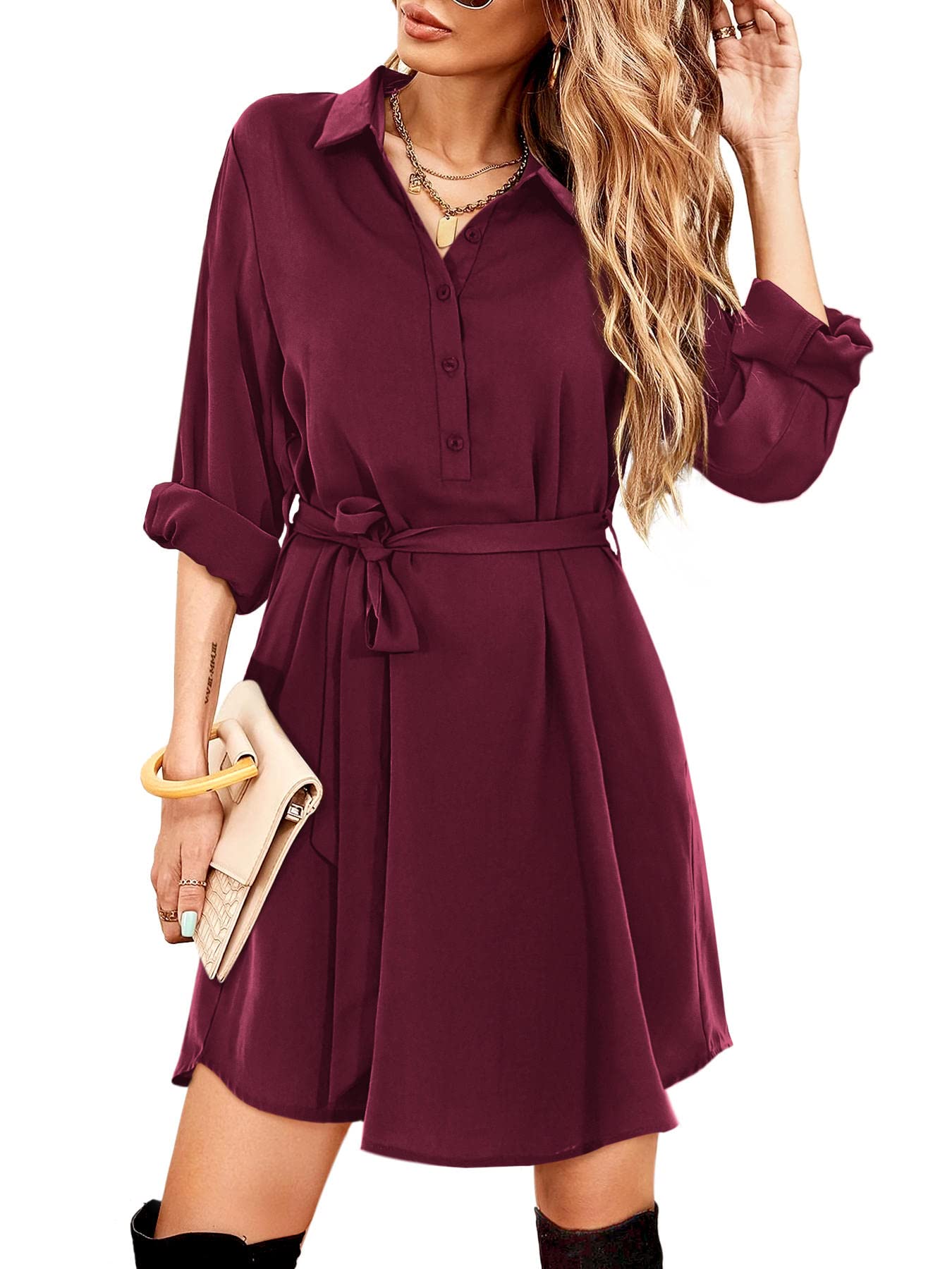 Women's Shirt Dresses Casual Long Sleeve Button Dress with Pockets
