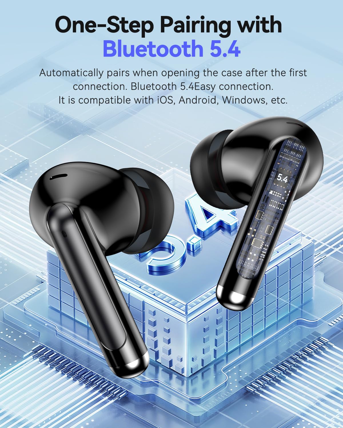 Bluetooth Headphones True Wireless Earbuds 50H Playback LED Power Display Earphones with Charging Case IPX7 Waterproof in-Ear Ear Buds with Mic for Smart Phone Computer Sports, Black