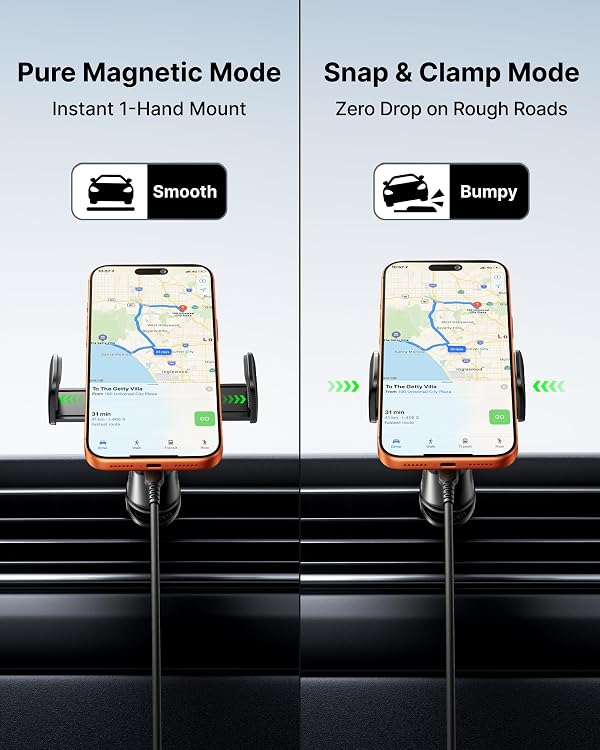 INIU 3-in-1 Magnetic Wireless Car Phone Holder- Strong Clamp for Bumpy Road with Cooling Fan, HandsFree Qi2 Certified 15W Fast Charging Car Mount for MagSafe, for iPhone 12-17 Series Handlebar by INIU - Image 2