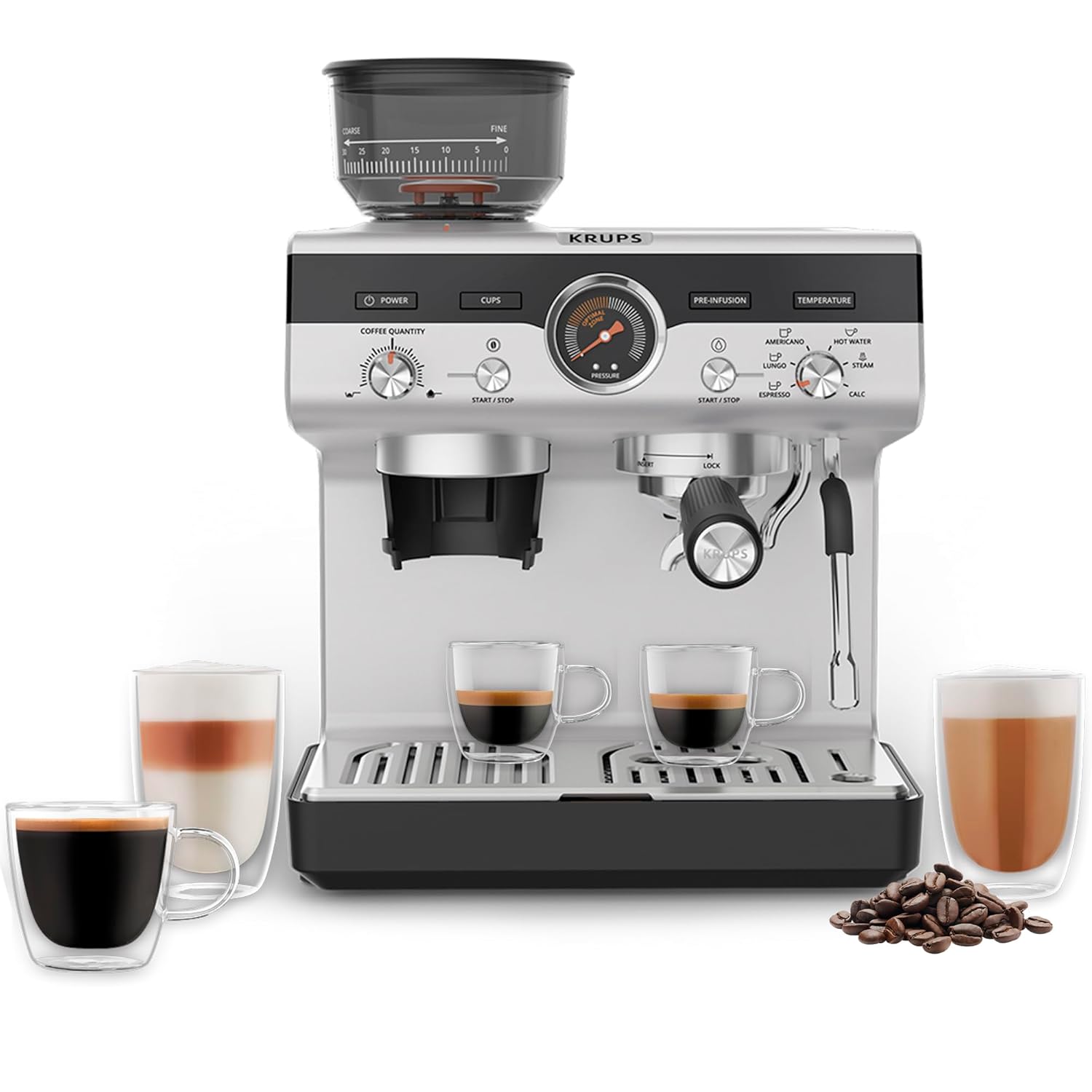 KRUPS Precision Espresso Coffee Machine with Grinder Latte Cappuccino Maker Pump Pressure Milk Frother Steam Wand Adjustable Grind