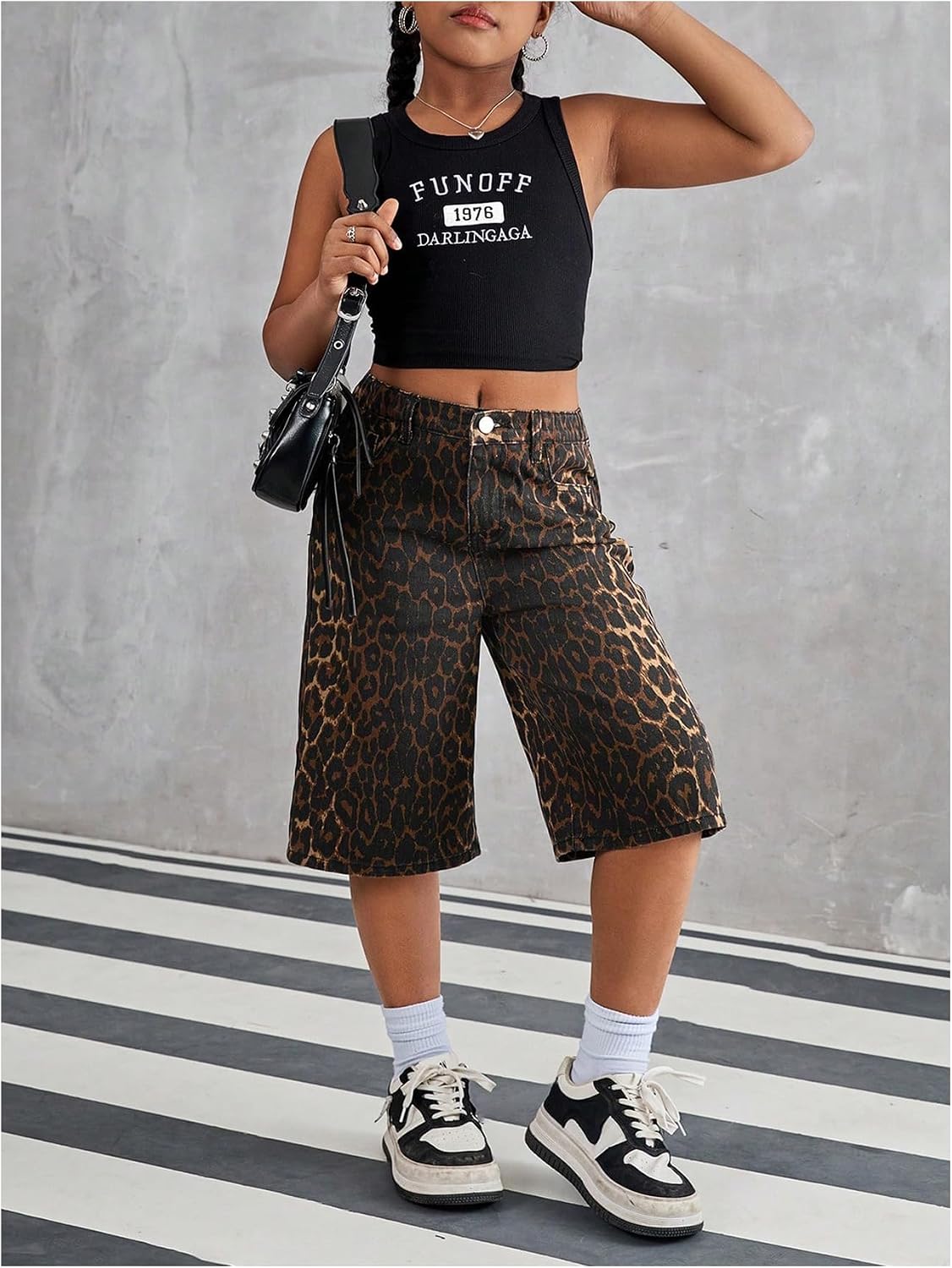 OYOANGLE Girl's Leopard Print Bermuda Denim Shorts Zipper Fly Y2K Wide Leg Jean Shorts with Pockets