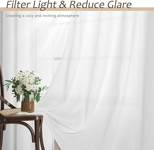Miniatura 5 de Cortinas de lino natural semitransparentes de 102 pulgadas de largo con pestaña trasera, elegantes cortinas filtrantes de luz para sala de estar,