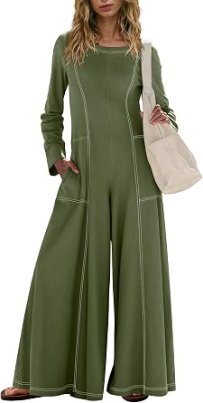 Yanekop Womens Long Sleeve Jumpsuit Casual Loose Fit Overalls Wide Leg Jumpsuits One Piece Outfits with Pockets