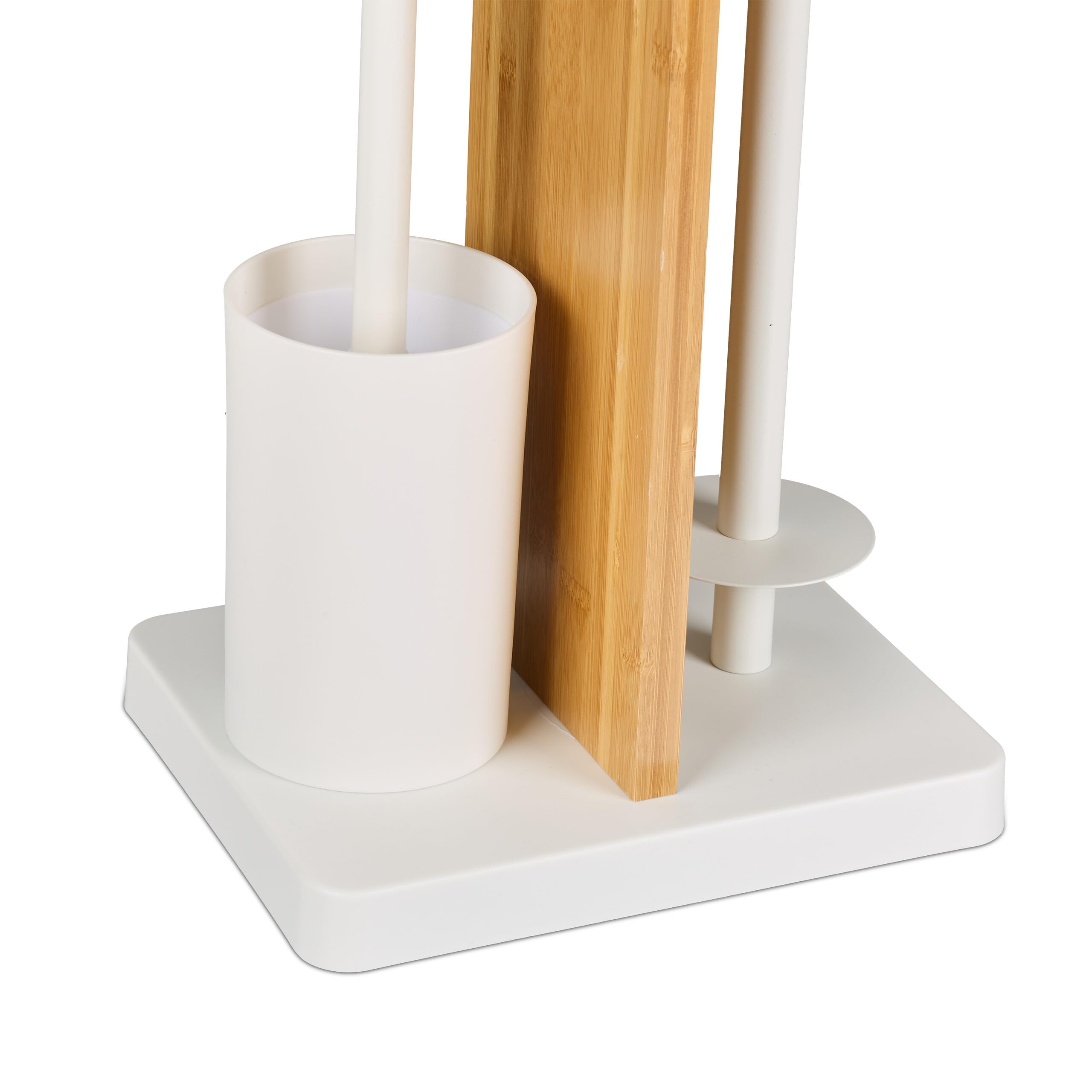 Relaxdays Escobillero y Portarrollos Baño, Bambú, 68x27x18 cm, Balda, Vertical, Escobilla con Soporte, Blanco/Natural, Hierro, Plástico