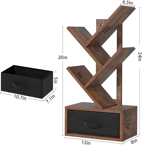 Miniatura 3 de Estantería pequeña con cajón, estante de libro de árbol de 4 niveles, estantes de escritorio de madera, estantes modernos de escritorio