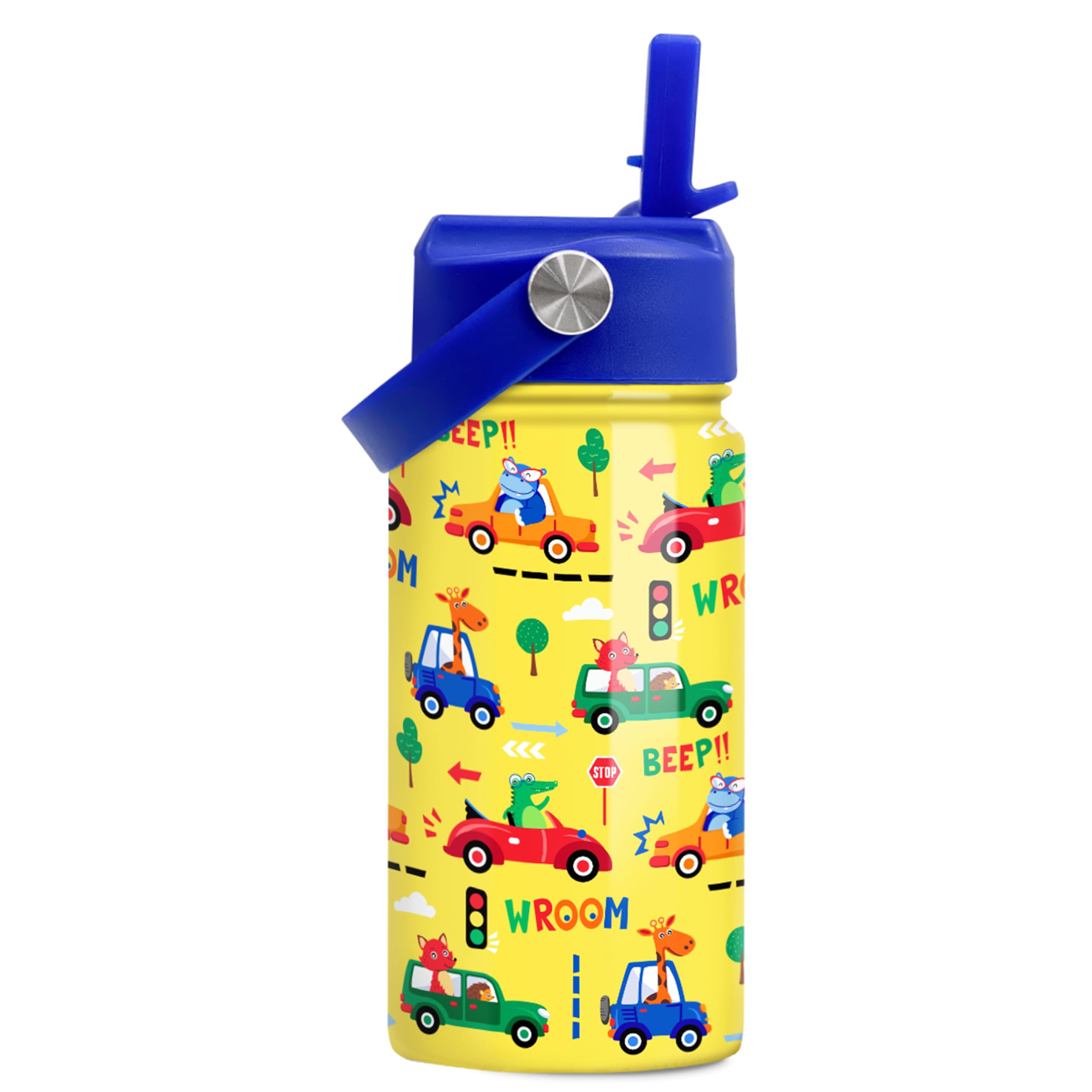 Kids Water Bottle with Straw Lid - 12 Oz Insulated Stainless Steel Vehicle Cars Water Bottles for Kid