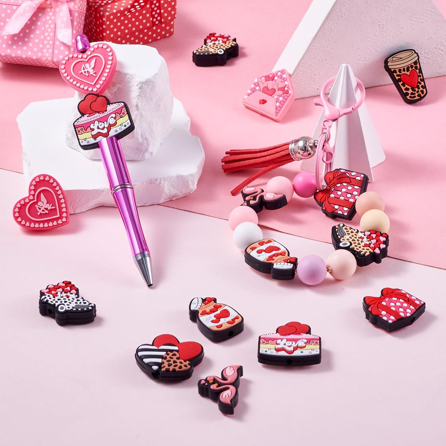 Spritewelry 10Pcs Valentine's Day Silicone Focal Beads Sweet Heart with Cupid Swan Silicone Beads Leopard Print Rubber Beads Beaded Pen Beads for Keychain Jewelry Making DIY Craft 10 Styles - Image 2