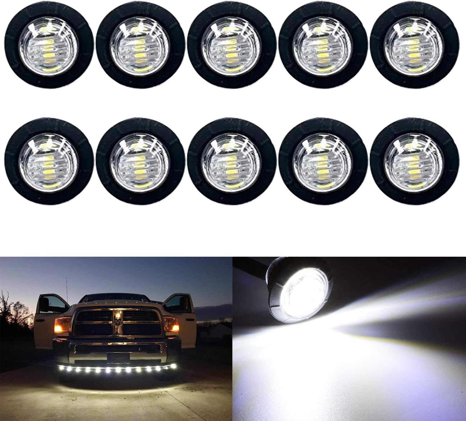 KEING 10 Pack Sealed Waterproof Mini Round 3/4 Inch White LED Marker lights Signal Light 12V for Trailer Truck Bus Pickup Van ATV RV Lorry Caravan, 5 Years Warranty