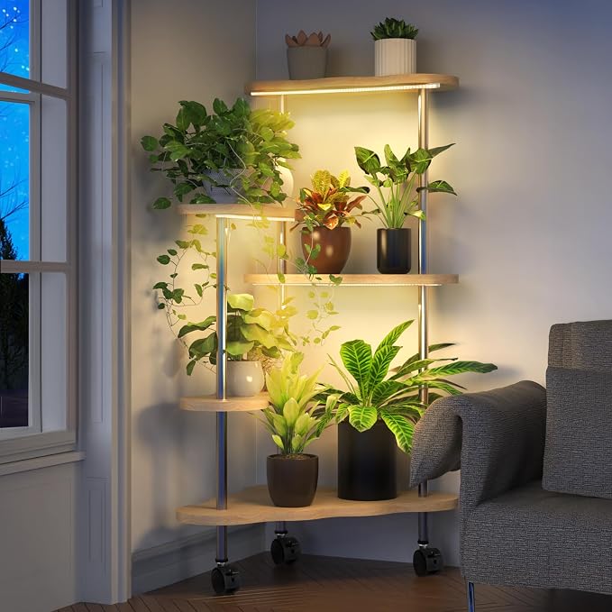 Tuitessine Corner Plant Stand Indoor with Grow Lights 5 Tiered Plant Shelf Flower Stand with Wheels for Living Room Patio Balcony Garden Small Place Plant Table Display for Multiple Plants Wooden Metal