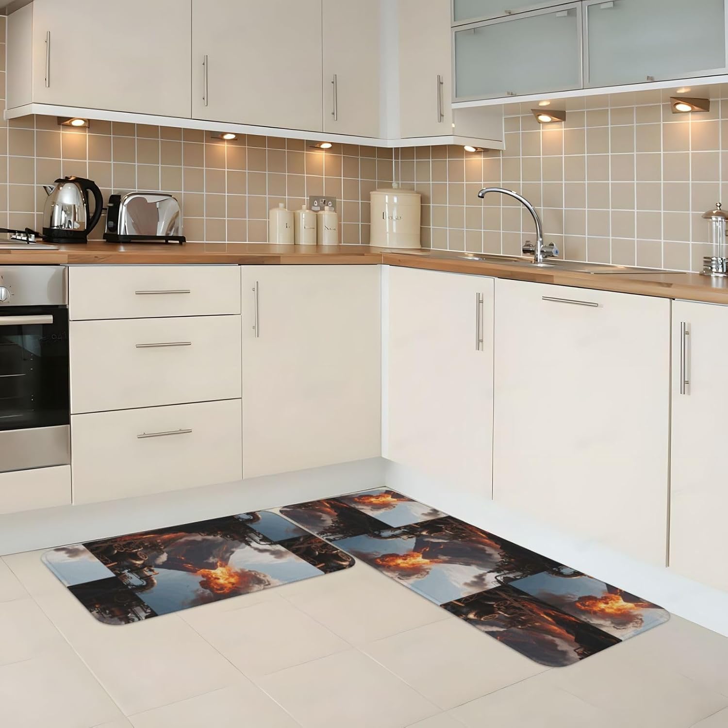 Steampunk Volcano Kitchen Rugs Set of 2, Cushioned Anti-Fatigue Kitchen Mats for Floor, Waterproof Comfort Standing Mat Absorbent Velvet Kitchen Runner Rugs 17"x30"+17"x47"