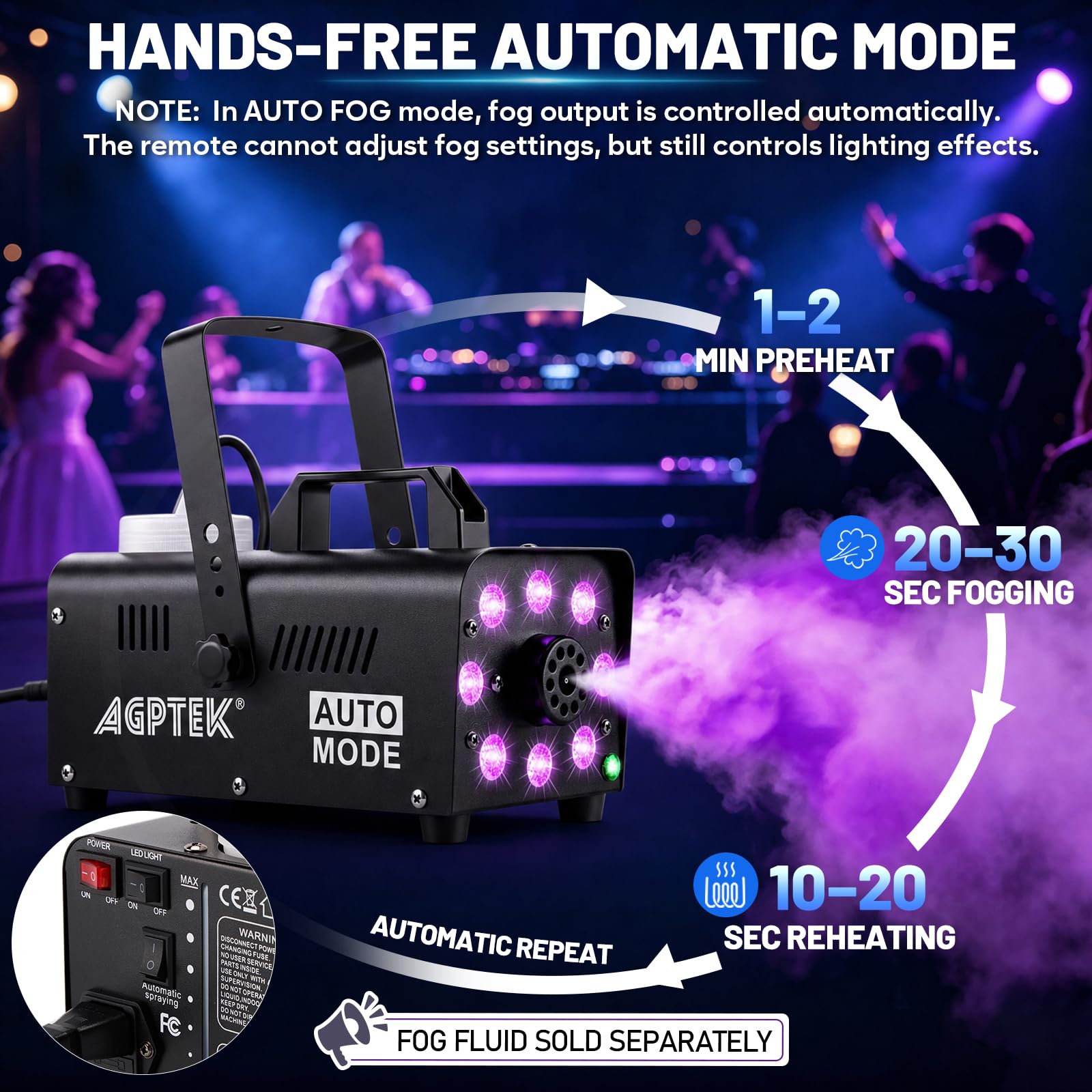 AGPTEK Fog Machine, 12 Colors, 600W Smoke Machine, Low Fluid Auto Shutoff — Amazon image 5