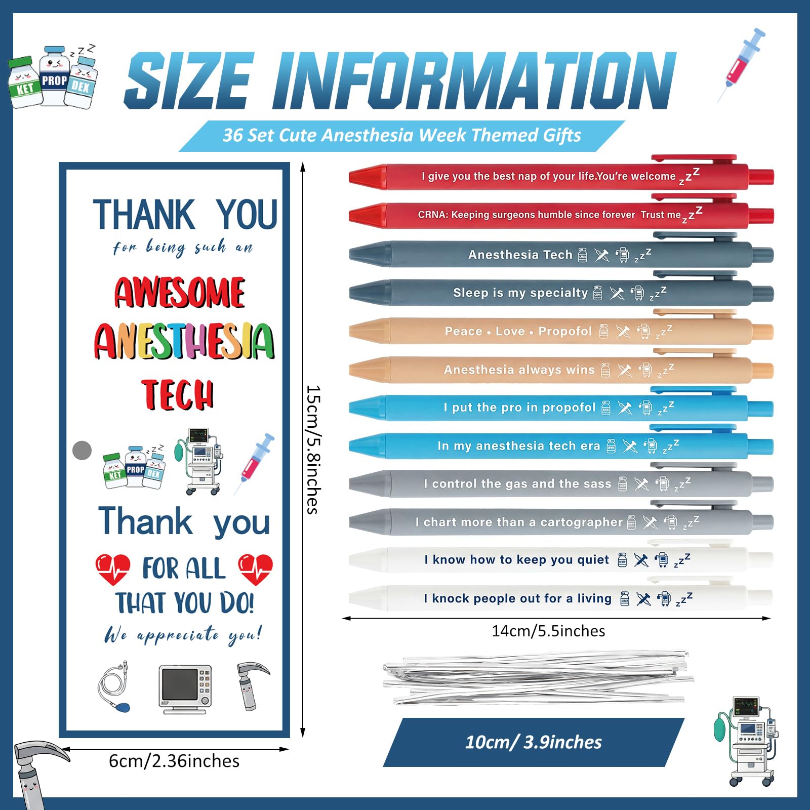 Crtiin 36 Sets Nurse Appreciation Gifts Bulk Funny Anesthesia Pens with Thank You Cards & Ties, Nurses Week Gift 2026, Medical Party Favors for Nursing Staff