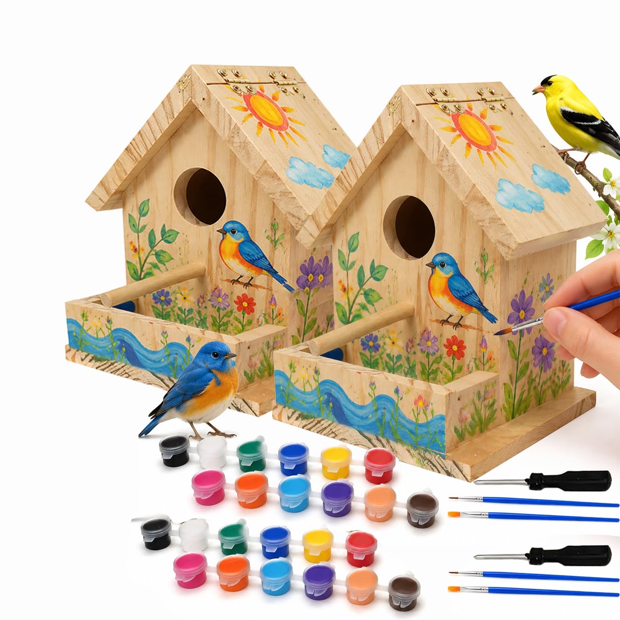 Bird House Craft Kit, 12 Colors Paintbrushes Painting Kits & Screwdriver Included, Weather Resistant DIY Bird Houses for Outside with Feeding Tray, Thick Wooden Board,Can open the roof (1) (2 pcs)