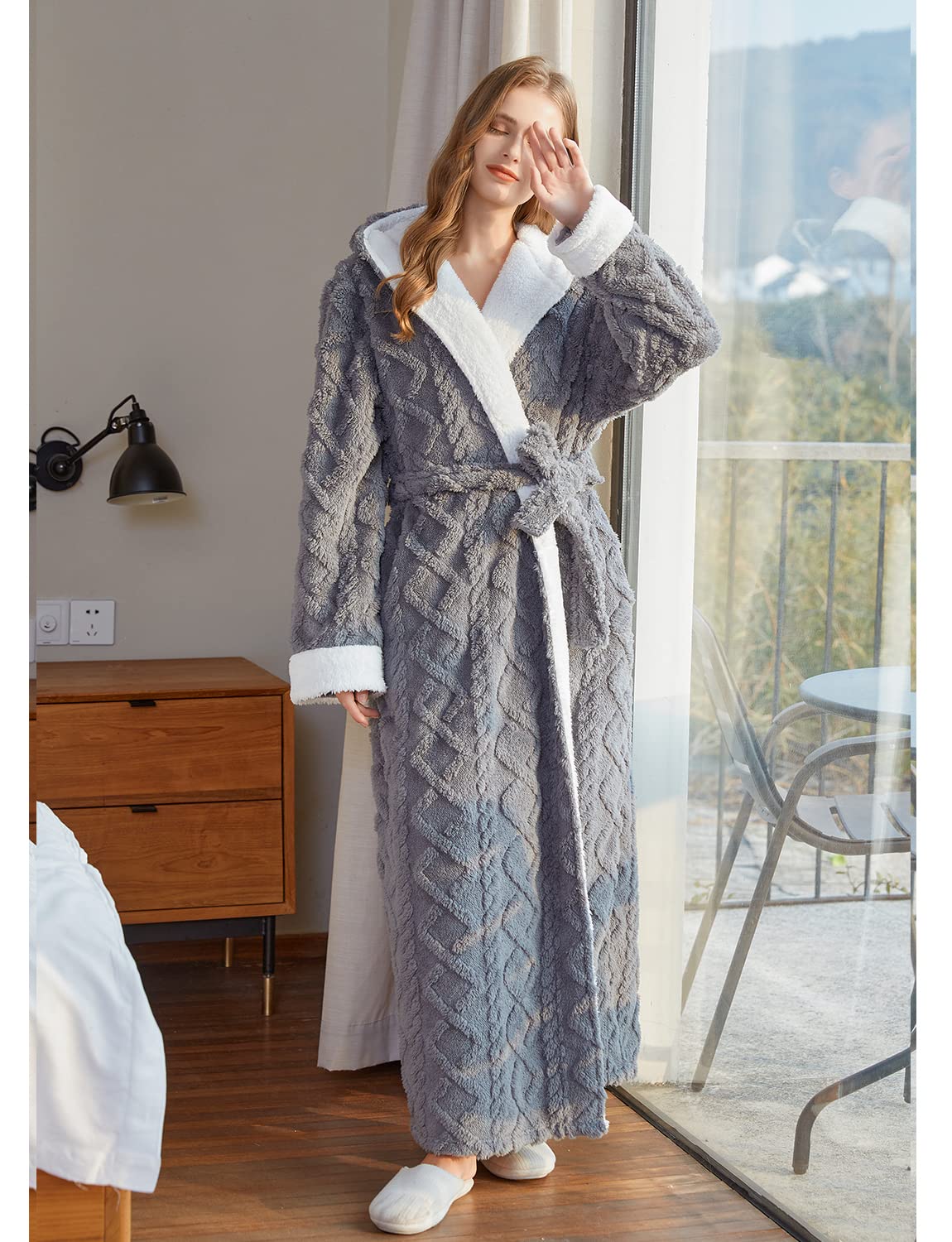 LOCIIXATWomen's Sherpa Fleece Dressing Gown Long Hooded Bathrobe Cosy  Fluffy Housecoat with Hood