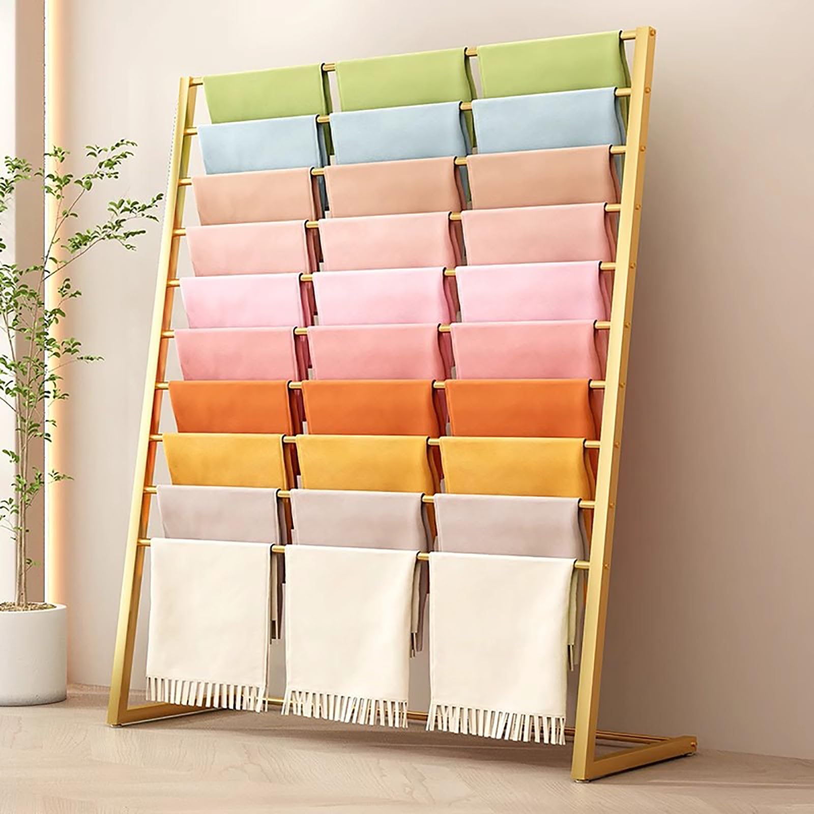 Espositore a 10 ripiani in metallo per carta da regalo e sciarpe, organizer versatile per vestiti, coperte, asciugamani, elegante finitura dorata (120 x 40 x 145 cm)