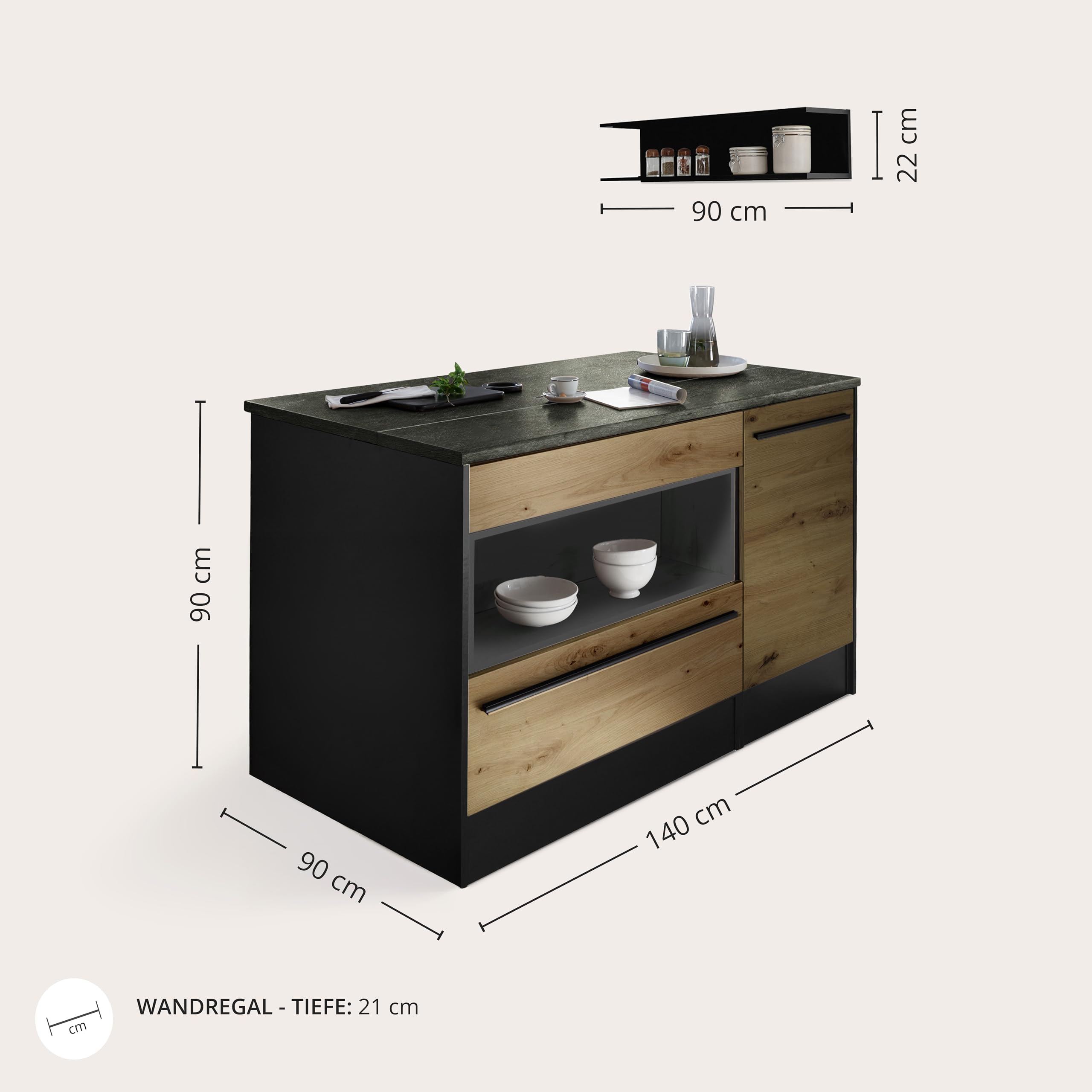 Stella Trading Jazz, Moderna con Piano di Lavoro, autoportante, Effetto, spaziosa Isola da Cucina con Molto Spazio, Legno ingegnerizzato, Antracite/Rovere Artisan, 145 x 90 x 90 cm