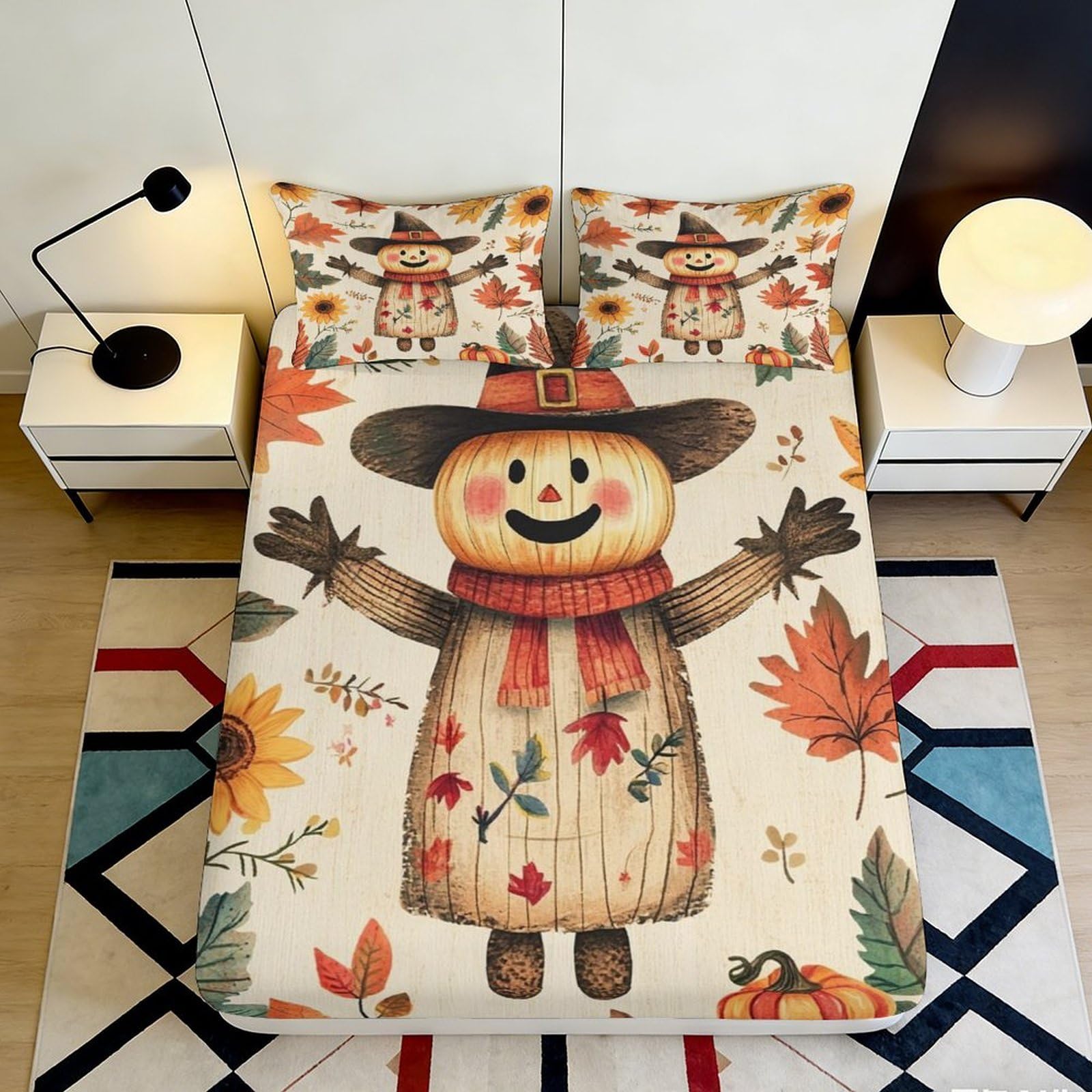 3D Printed Autumn Scarecrow Fitted Sheet Microfiber Fall Harvest Pumpkin Bed Cover for Bedroom Dorm Mattress Decor 160x200x25cm