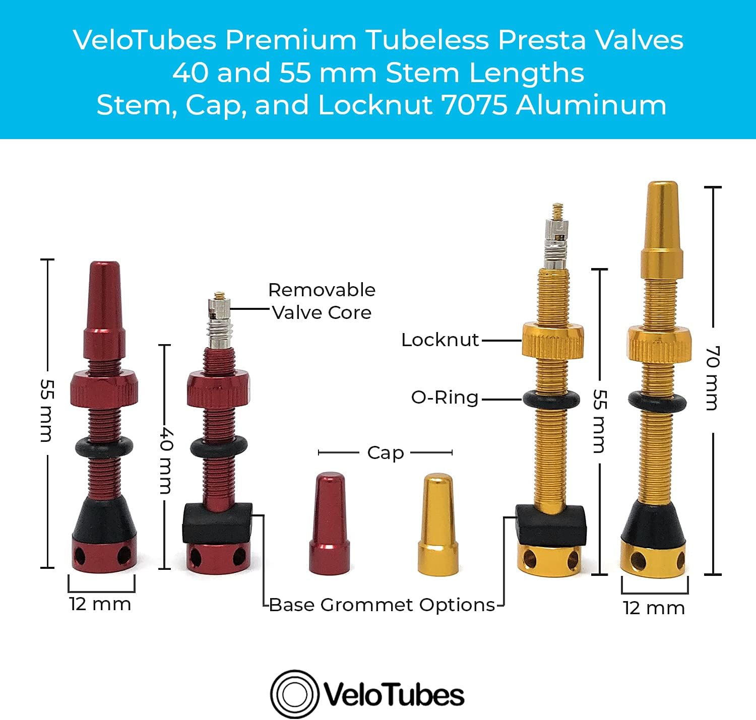 VeloTubes Premium Tubeless Presta Valve Stems (40mm or 55mm) - Integrated Core Removal Tool, Grommet Options - Choose Color.