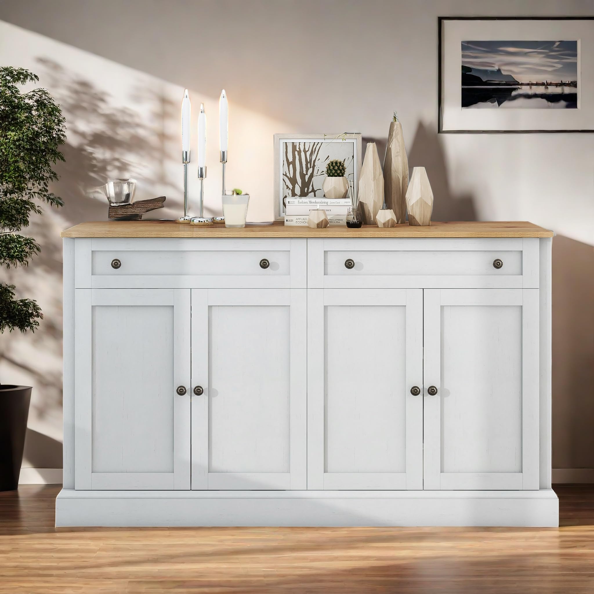 Buffet de rangement moderne de 150 cm, avec 4 portes et 2 tiroirs, armoire de rangement en bois pour salle à manger, salon et cuisine, entrée (blanc antique + bois)