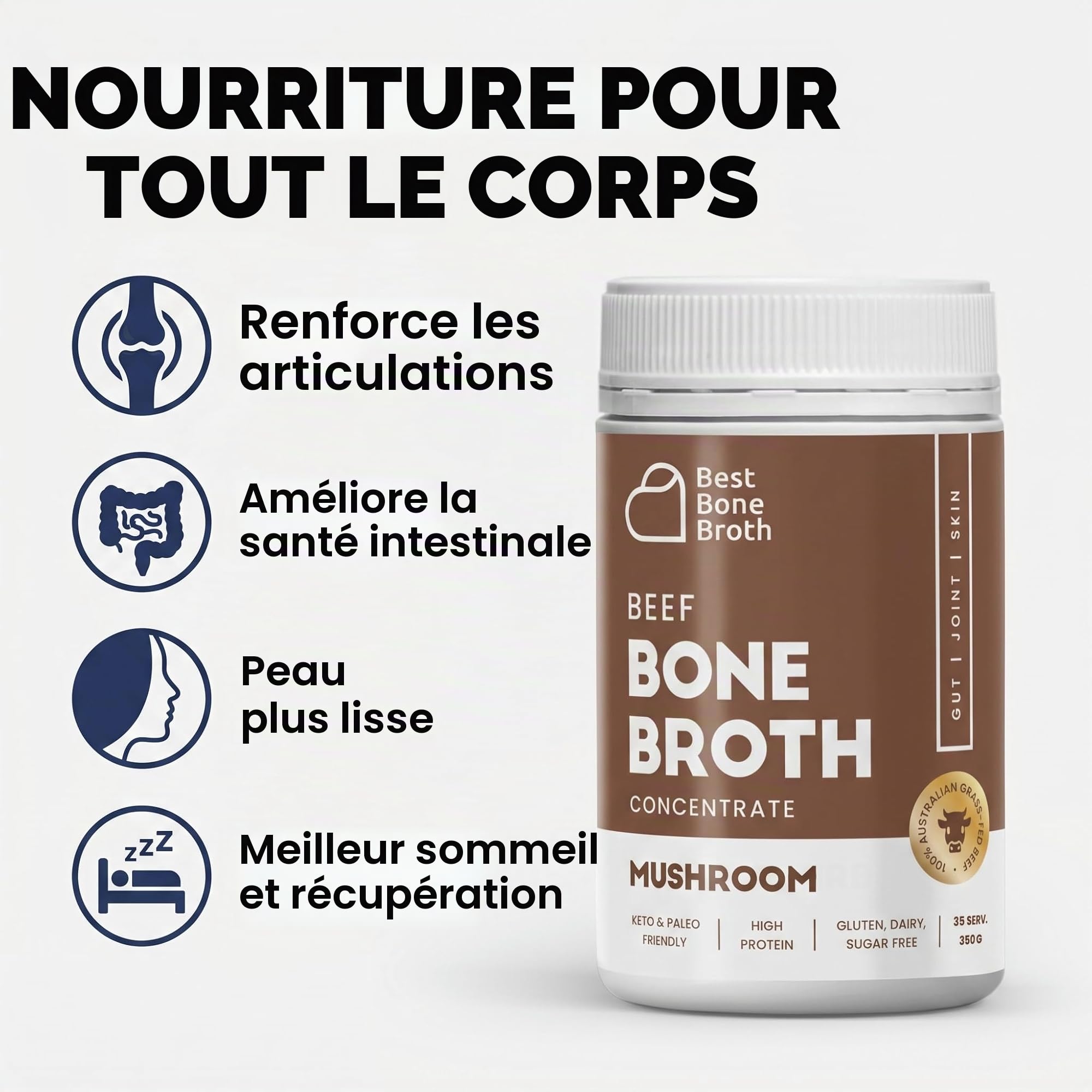 Concentré de bouillon d'os de bœuf nourri à l'herbe avec champignons | Keto, riche en protéines, sans gluten | 35 portions / 8,7 litres