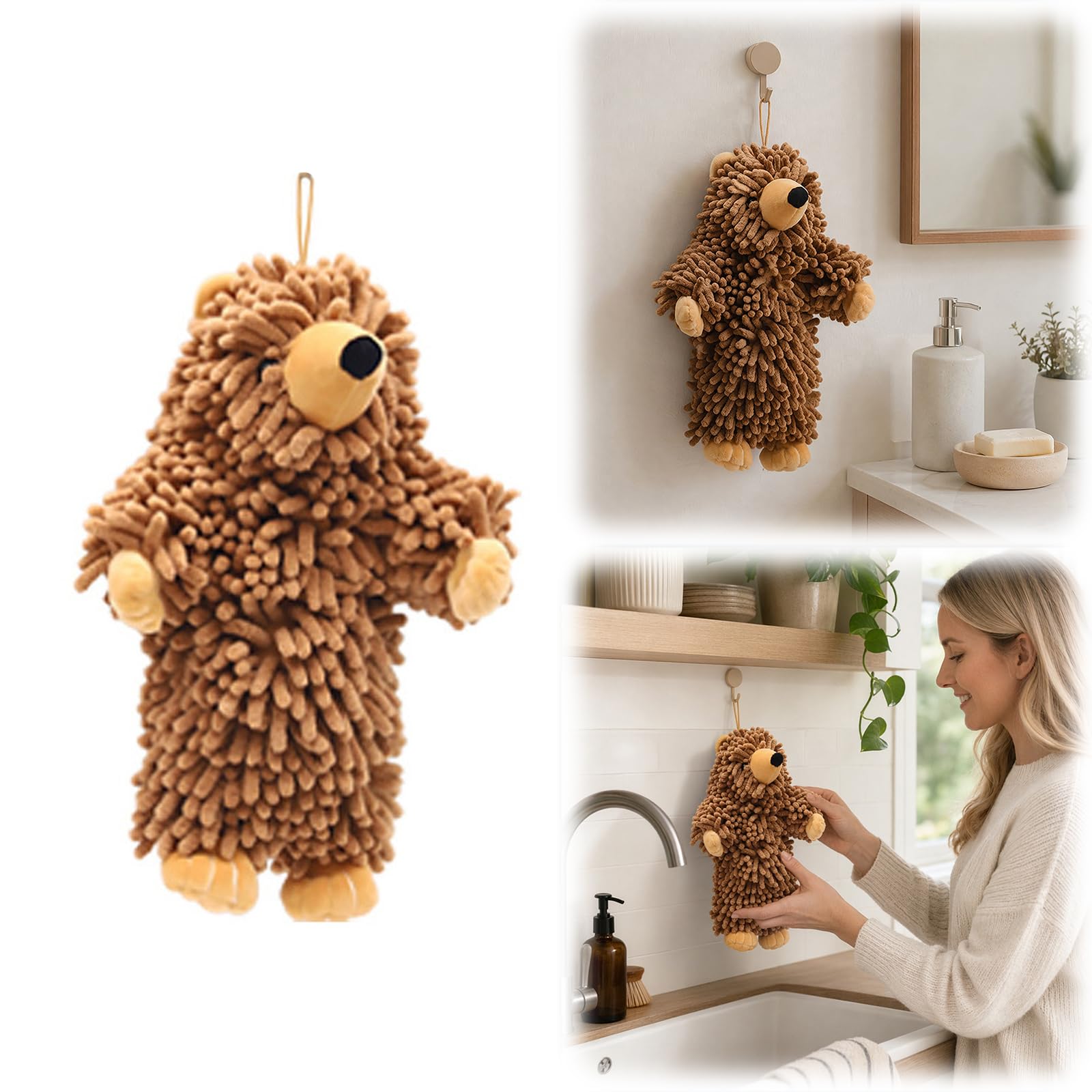 Chenille Bear Hand Towel - Cute 3D Plush Bear Hand Towel with Loops, Super Absorbent Hanging Kitchen & Bathroom Towels for Kids, Microfiber Fuzzy Animal Hangable for Bath, Washstand