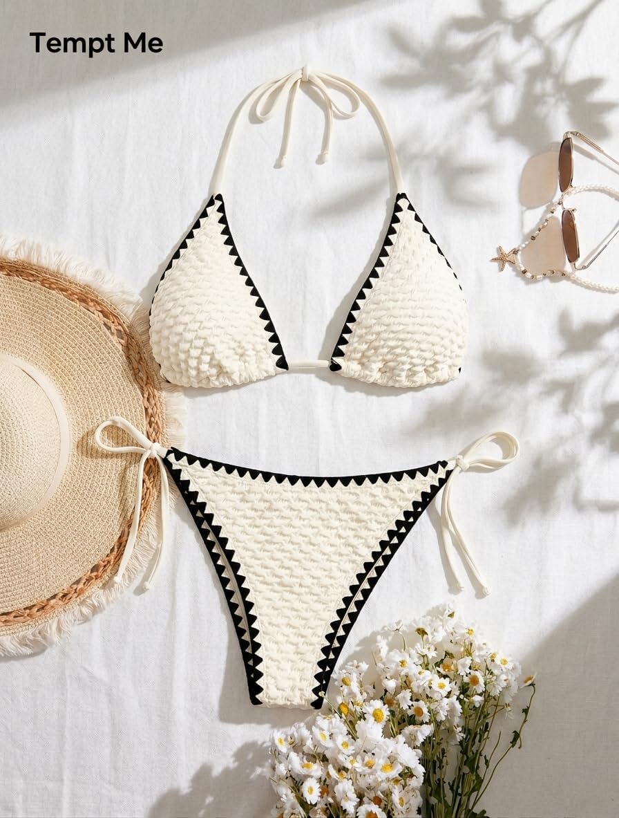 Women's Textured Triangle Bikini Set - Halter Two Piece Sexy Swimsuit String Tie Side Bathing Suit 2026 Swimwear