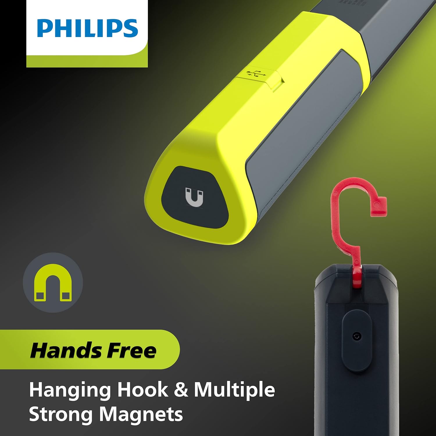 Philips Xperion 6000 Line Rechargeable LED Work Light, 300 Lumen Professional Handheld Flashlight with Magnetic Base and Hanger Hook for Mechanics, Construction
