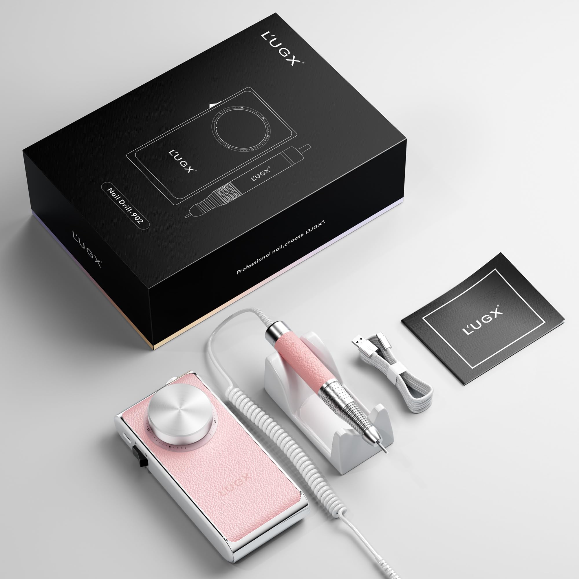 L'UGX Fresa per unghie professionale – Lima elettrica senza fili per unghie acriliche e gel 30000 giri/min, silenziosa e liscia per manicure e pedicure, ricaricabile, rosa - con 7 punte per trapano