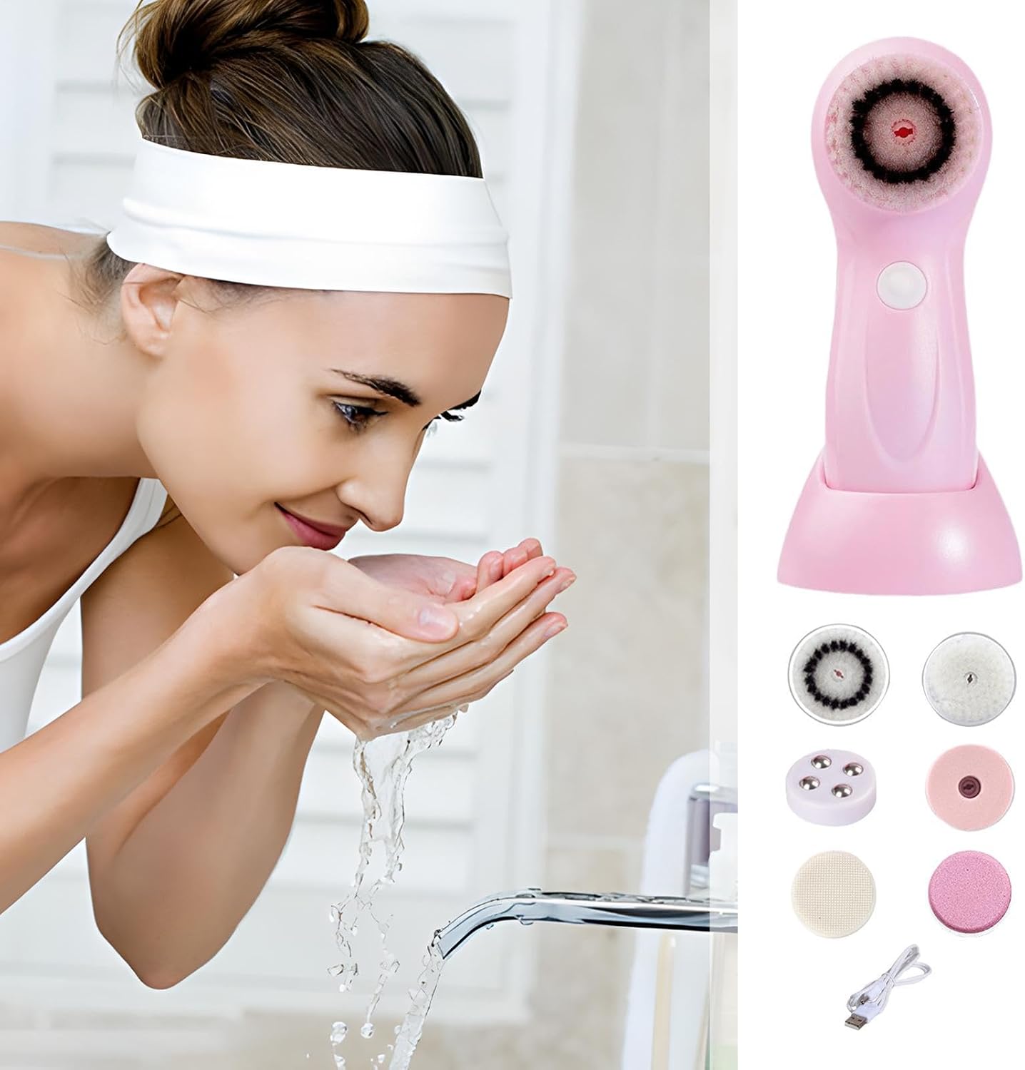 Electric Face Scrubber | Face Cleansing Brush Rechargeable with 6 Replacement Heads | Rechargeable Skin Care Cleaning Wash System for Body Forehead Chin Nose Cheeks
